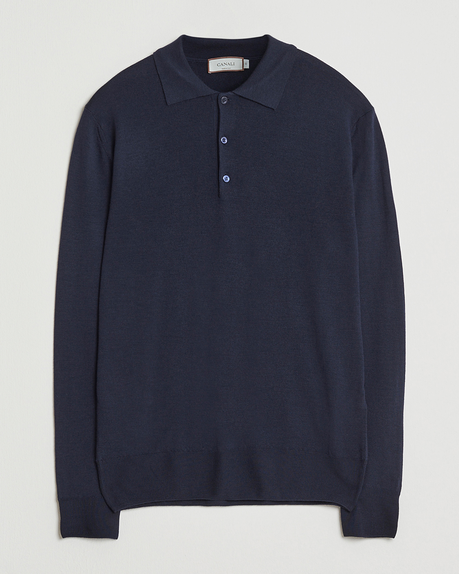 Herre | Trøjer | Canali | Merino Wool Long Sleeve Polo Navy
