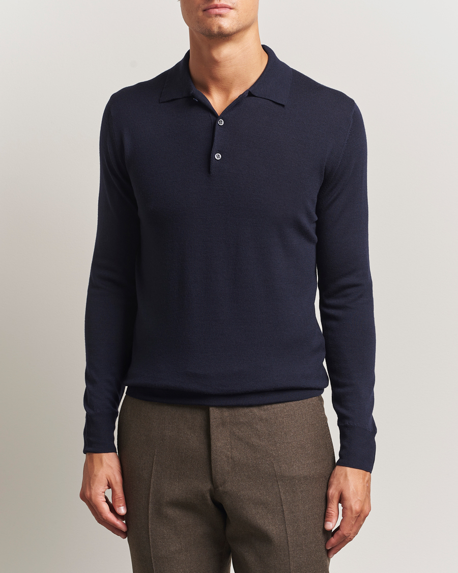 Herre | Trøjer | Canali | Merino Wool Long Sleeve Polo Navy