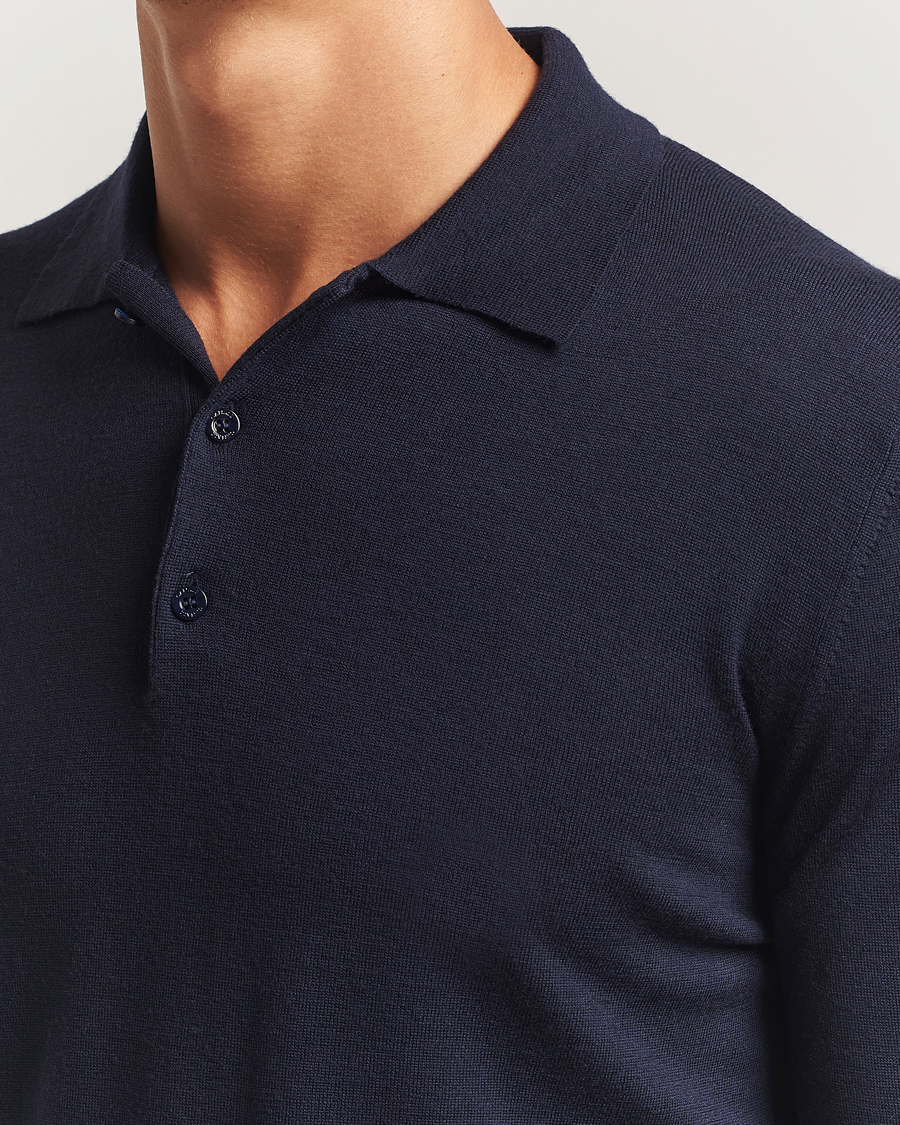 Herre | Trøjer | Canali | Merino Wool Long Sleeve Polo Navy