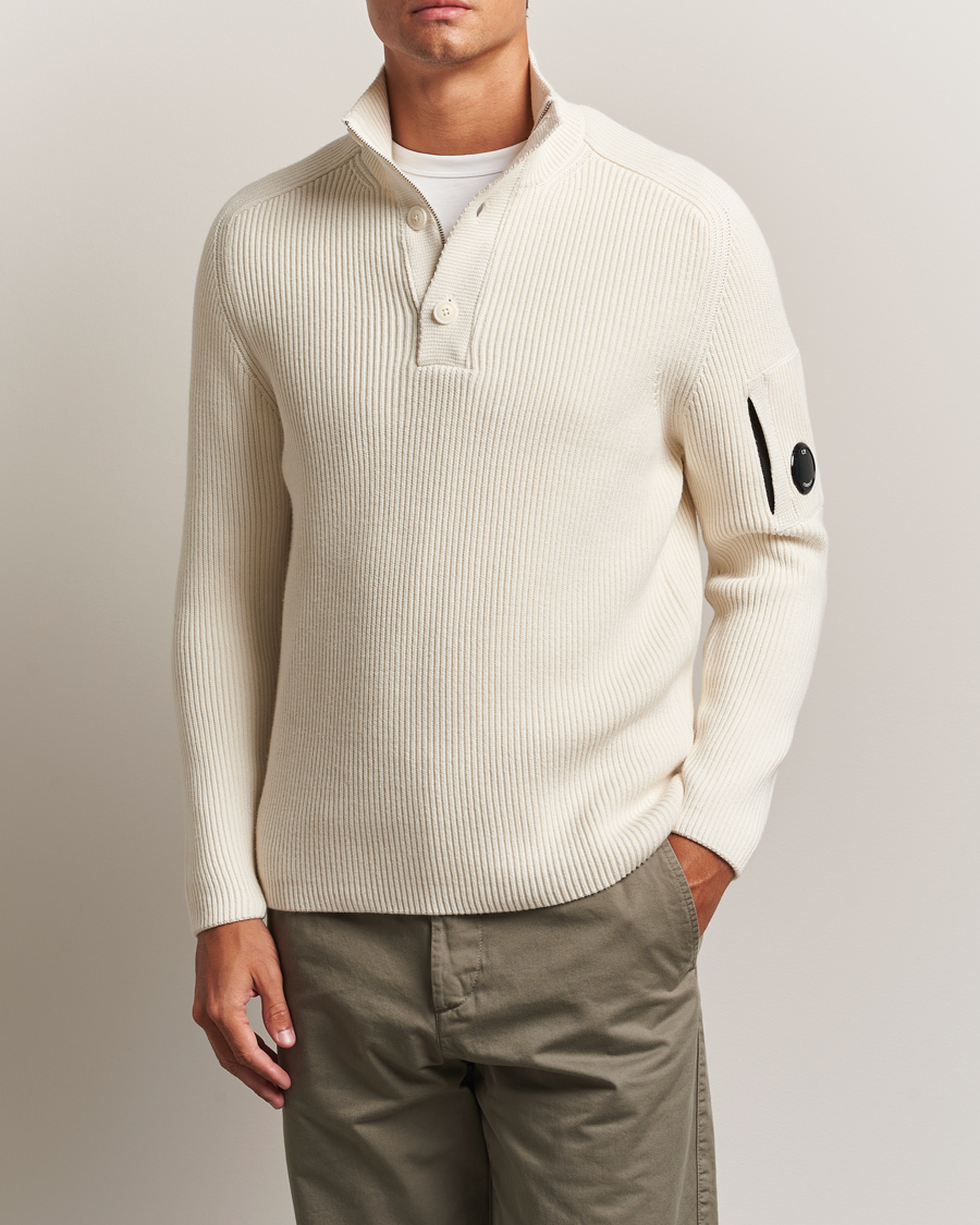 Herre | Trøjer | C.P. Company | Full Rib Knitted Cotton Half Button White