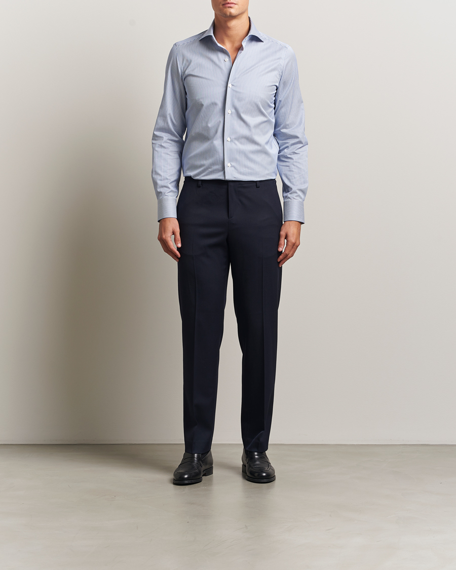 Herre | Skjorter | Finamore Napoli | Milano Slim Cotton Twill Shirt Blue Stripe