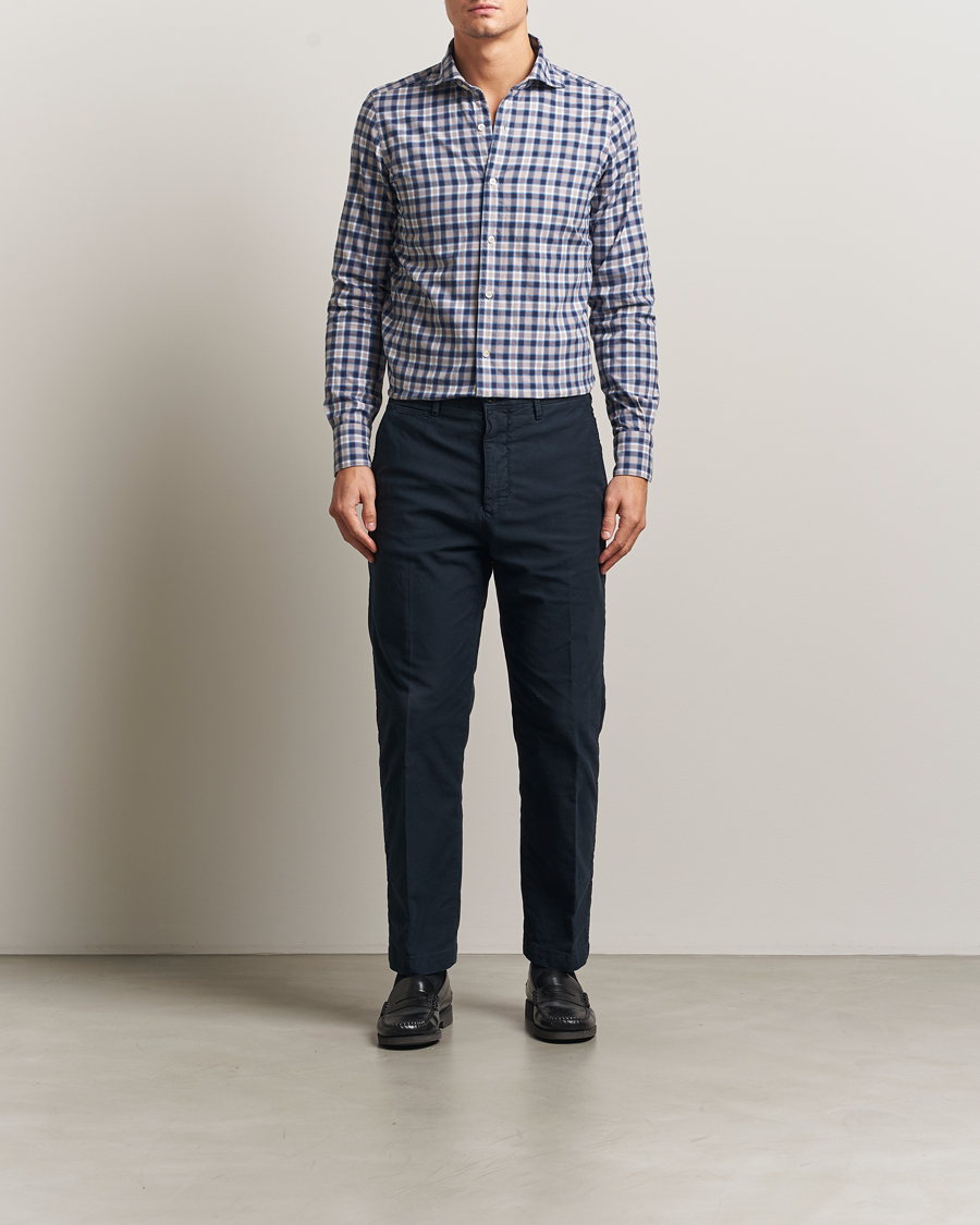 Herre | Skjorter | Finamore Napoli | Gaeta Flannel Sport Shirt Navy Check