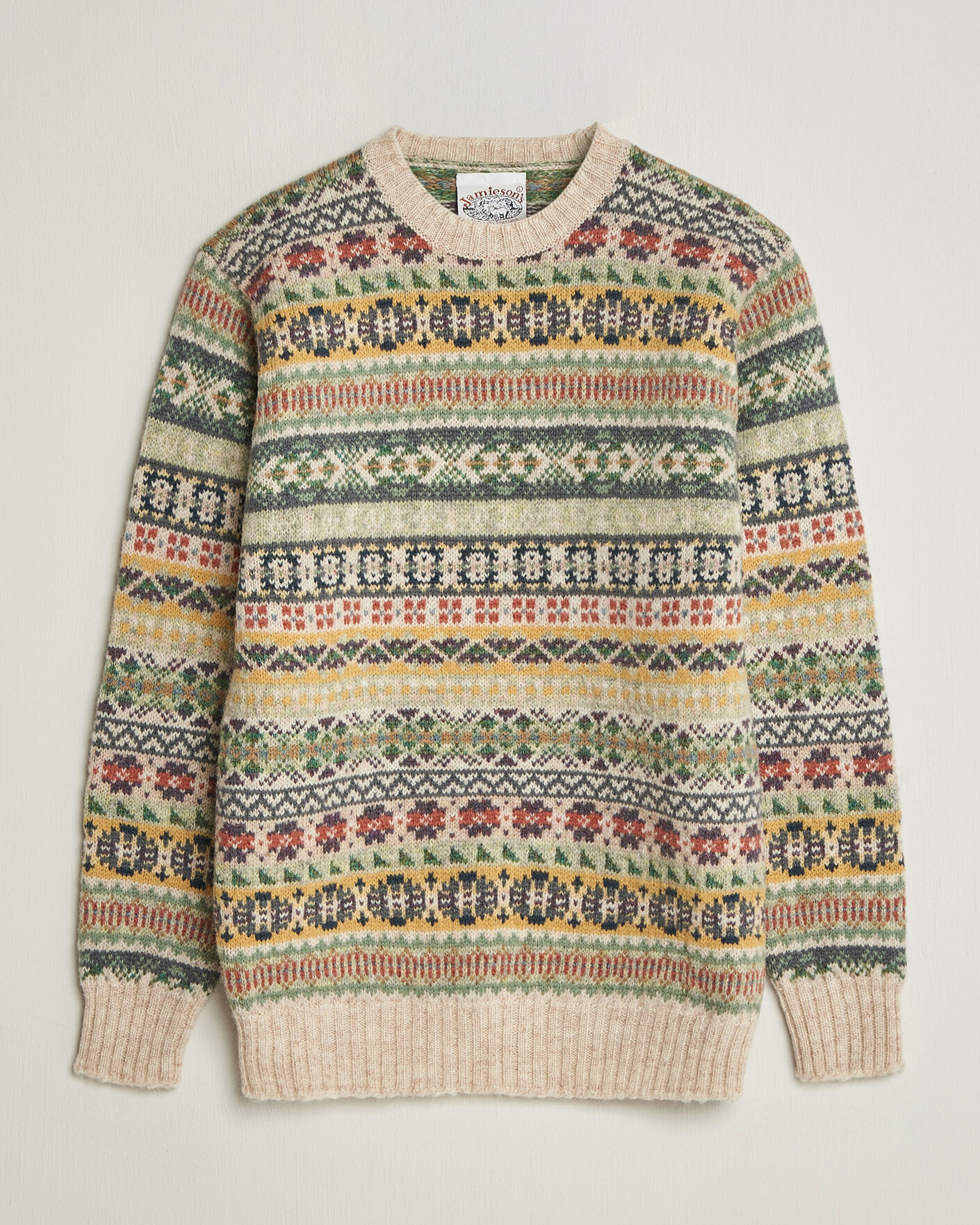 Herre | Trøjer | Jamieson's of Shetland | Jamiesons Of Shetland All Over Fair Isle Pullover Crew Neck Beige