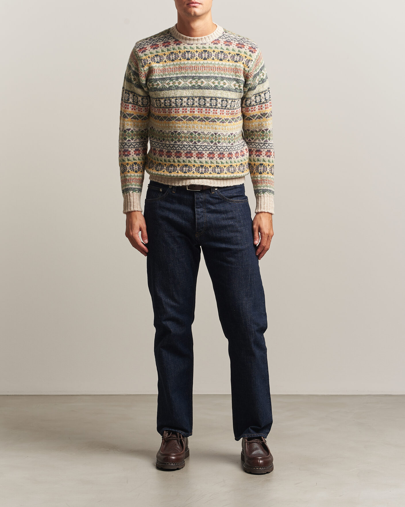 Herre | Trøjer | Jamieson's of Shetland | Jamiesons Of Shetland All Over Fair Isle Pullover Crew Neck Beige