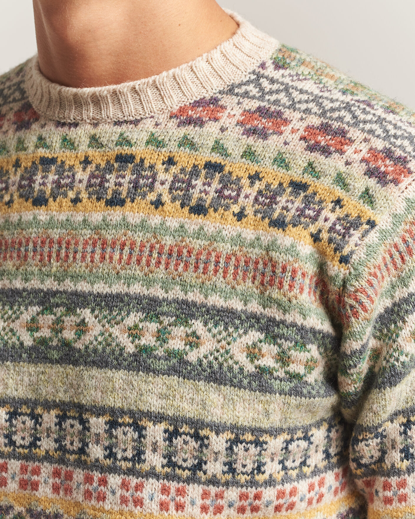 Herre | Trøjer | Jamieson's of Shetland | Jamiesons Of Shetland All Over Fair Isle Pullover Crew Neck Beige