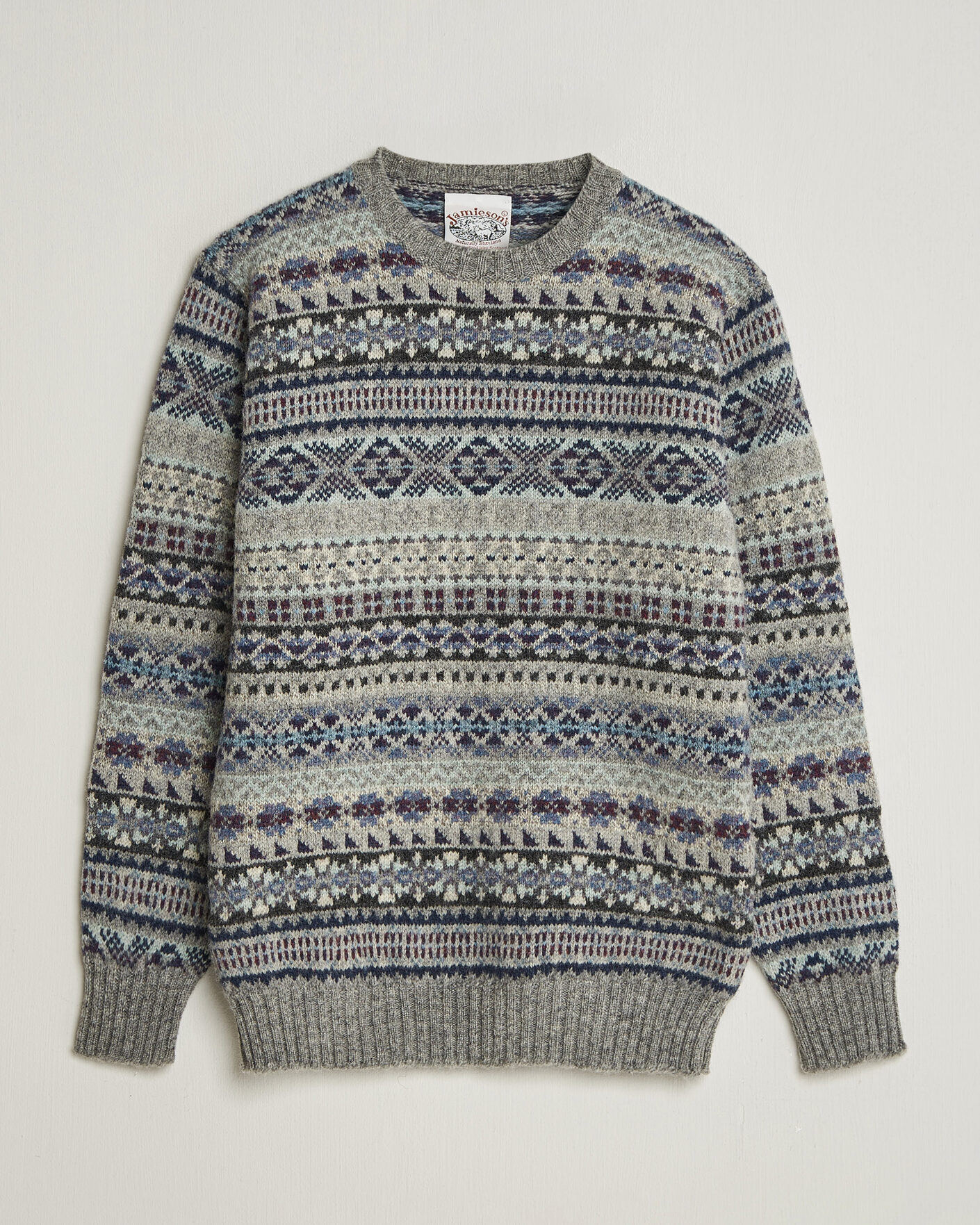 Herre | Trøjer | Jamieson's of Shetland | Jamiesons Of Shetland All Over Fair Isle Pullover Crew Neck Light Grey