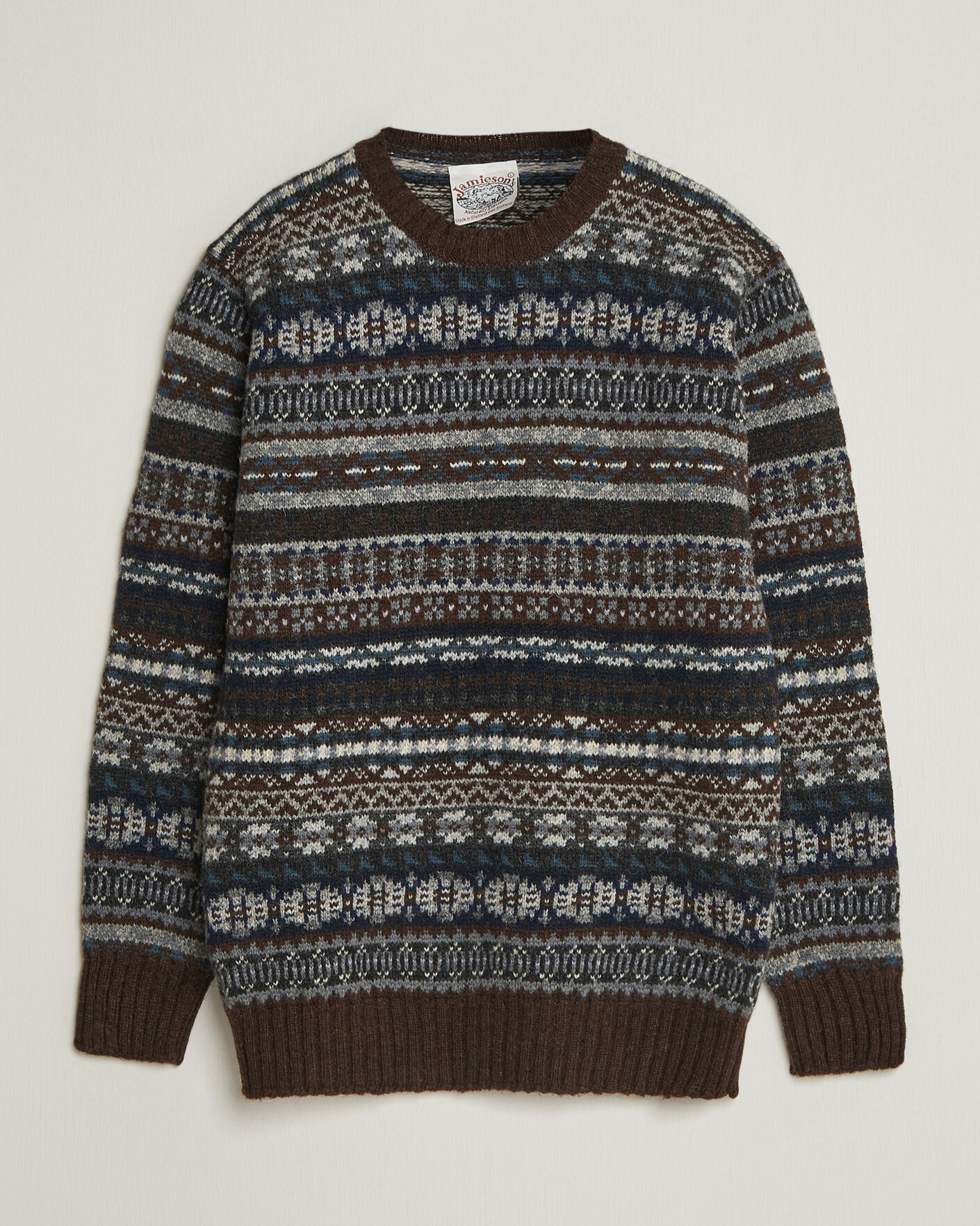 Herre | Trøjer | Jamieson's of Shetland | Jamiesons Of Shetland All Over Fair Isle Pullover Crew Neck Brown