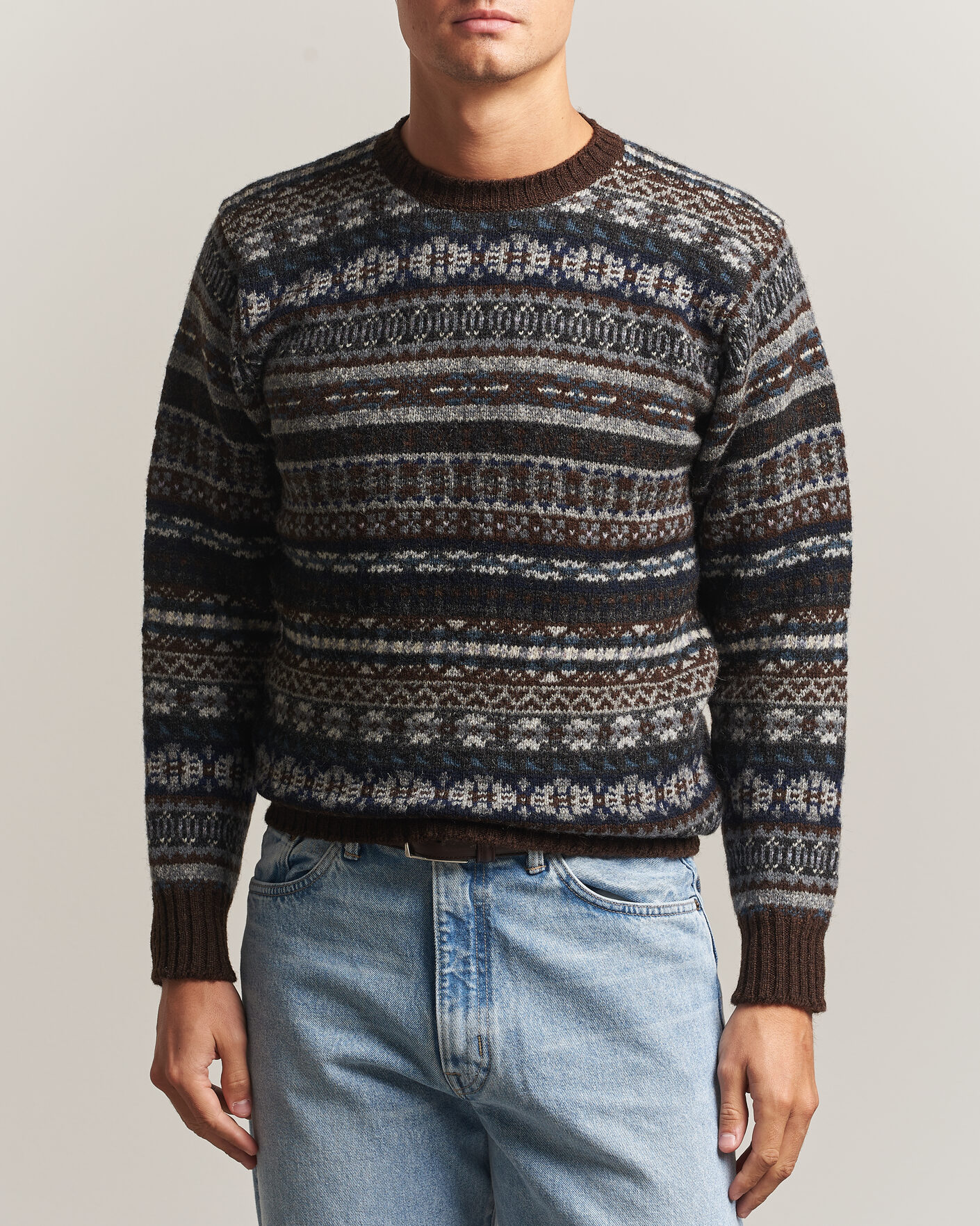 Herre | Trøjer | Jamieson's of Shetland | Jamiesons Of Shetland All Over Fair Isle Pullover Crew Neck Brown