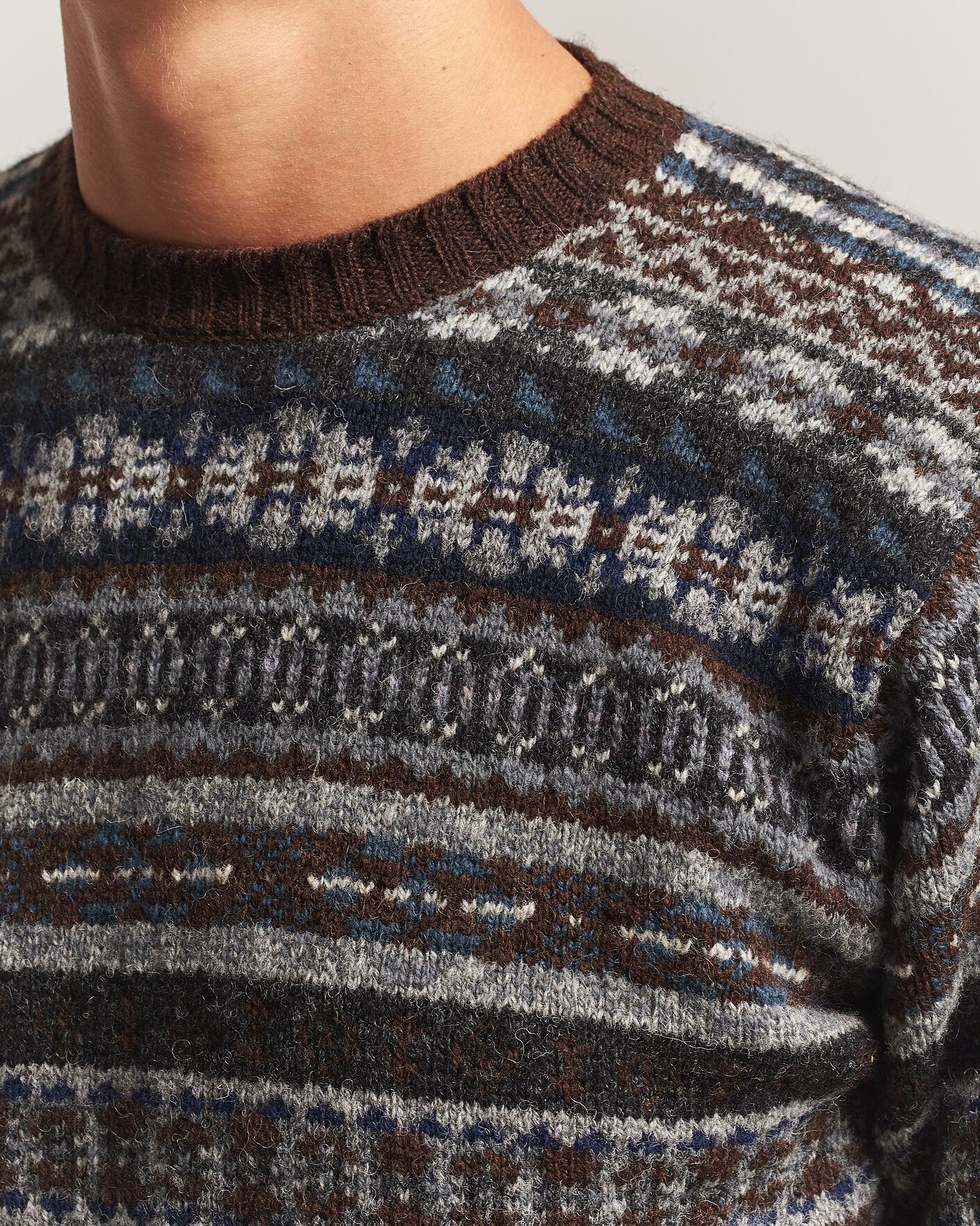 Herre | Trøjer | Jamieson's of Shetland | Jamiesons Of Shetland All Over Fair Isle Pullover Crew Neck Brown
