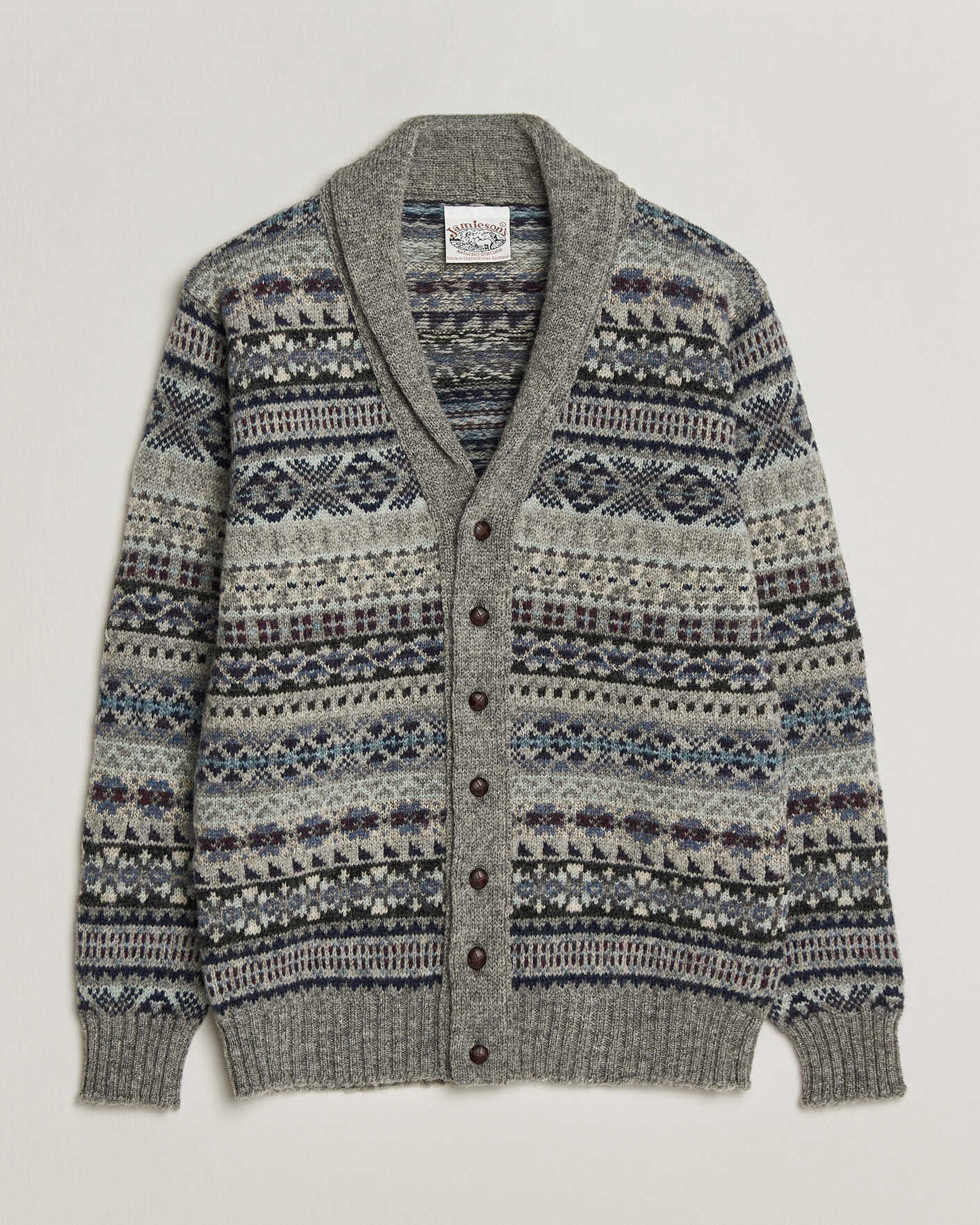 Herre | Trøjer | Jamieson's of Shetland | Jamiesons Of Shetland All Over Fair Isle Shawl Collar Cardigan Grey