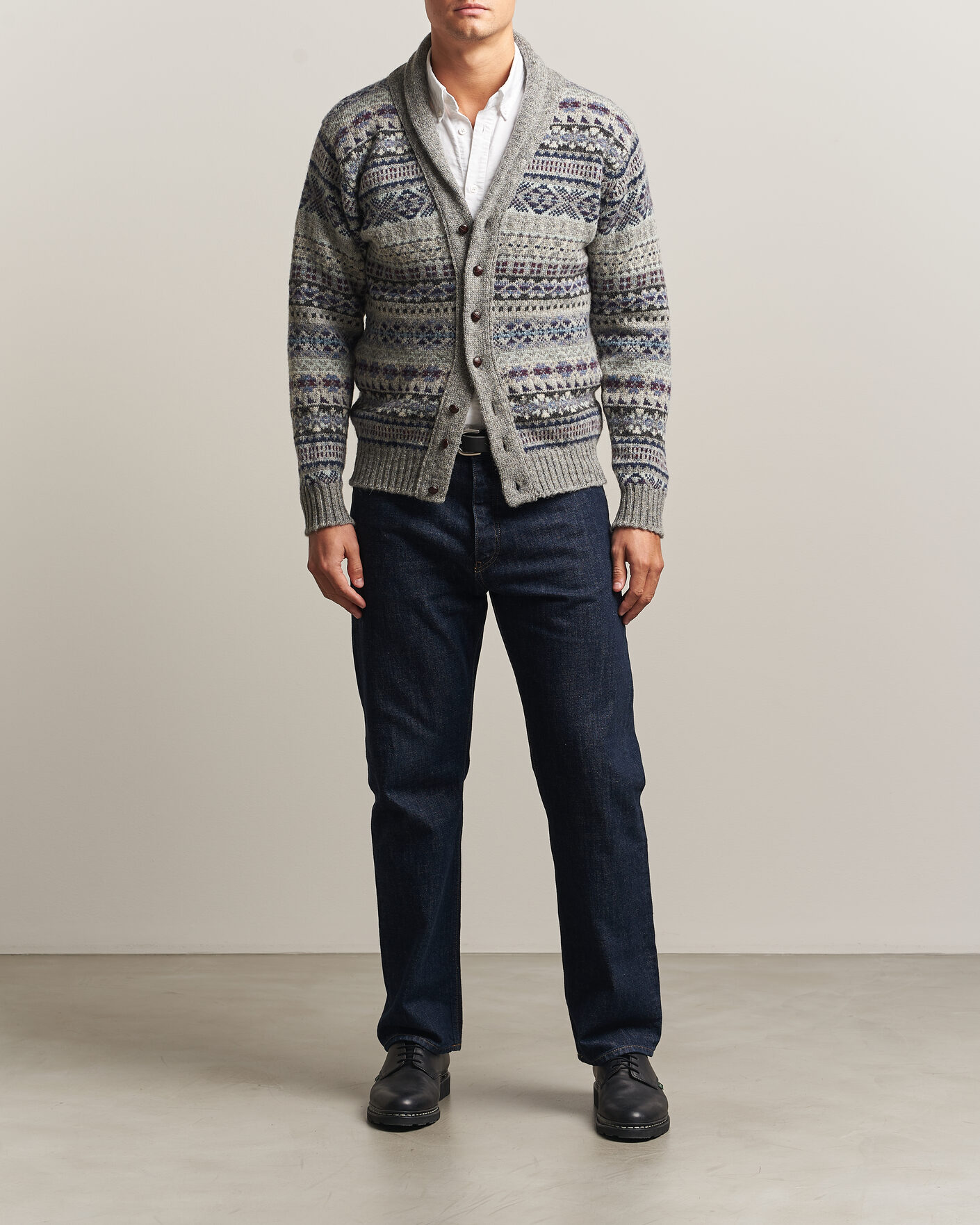 Herre | Trøjer | Jamieson's of Shetland | Jamiesons Of Shetland All Over Fair Isle Shawl Collar Cardigan Grey