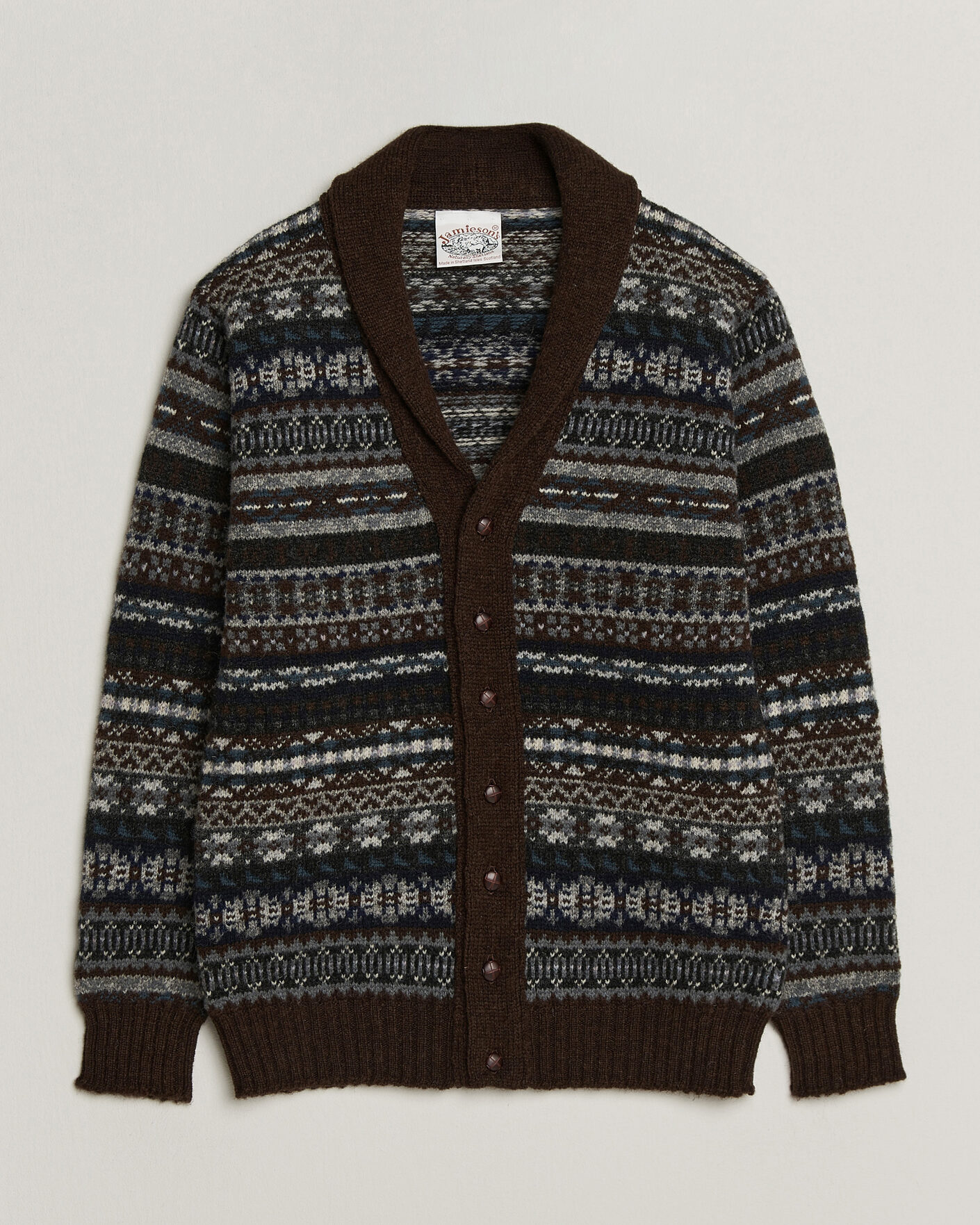 Herre | Trøjer | Jamieson's of Shetland | Jamiesons Of Shetland All Over Fair Isle Shawl Collar Cardigan Brown