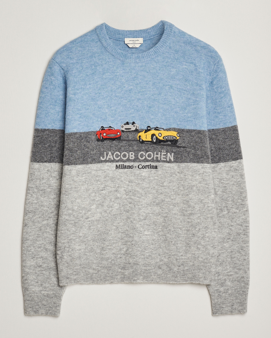 Herre | Trøjer | Jacob Cohën | Embroidery Knitted Milano-Cortina Crew Neck Grey/Blue