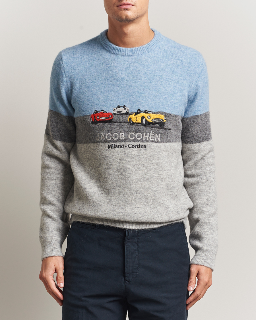 Herre | Trøjer | Jacob Cohën | Embroidery Knitted Milano-Cortina Crew Neck Grey/Blue