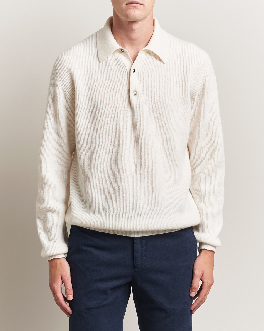 Herre | Trøjer | Kiton | Cashmere Rib Long Sleeve Polo Light Beige