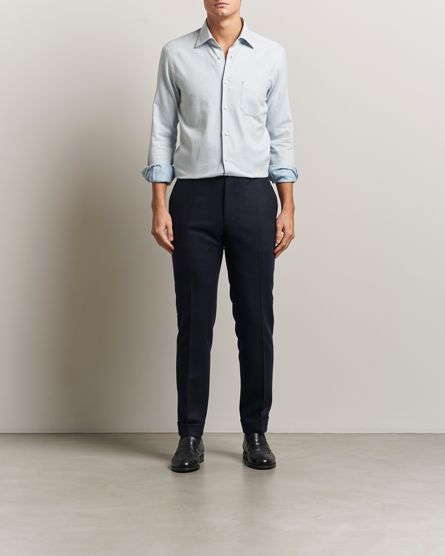 Herre | Skjorter | Kiton | Cotton Flannel Sport Shirt Light Blue