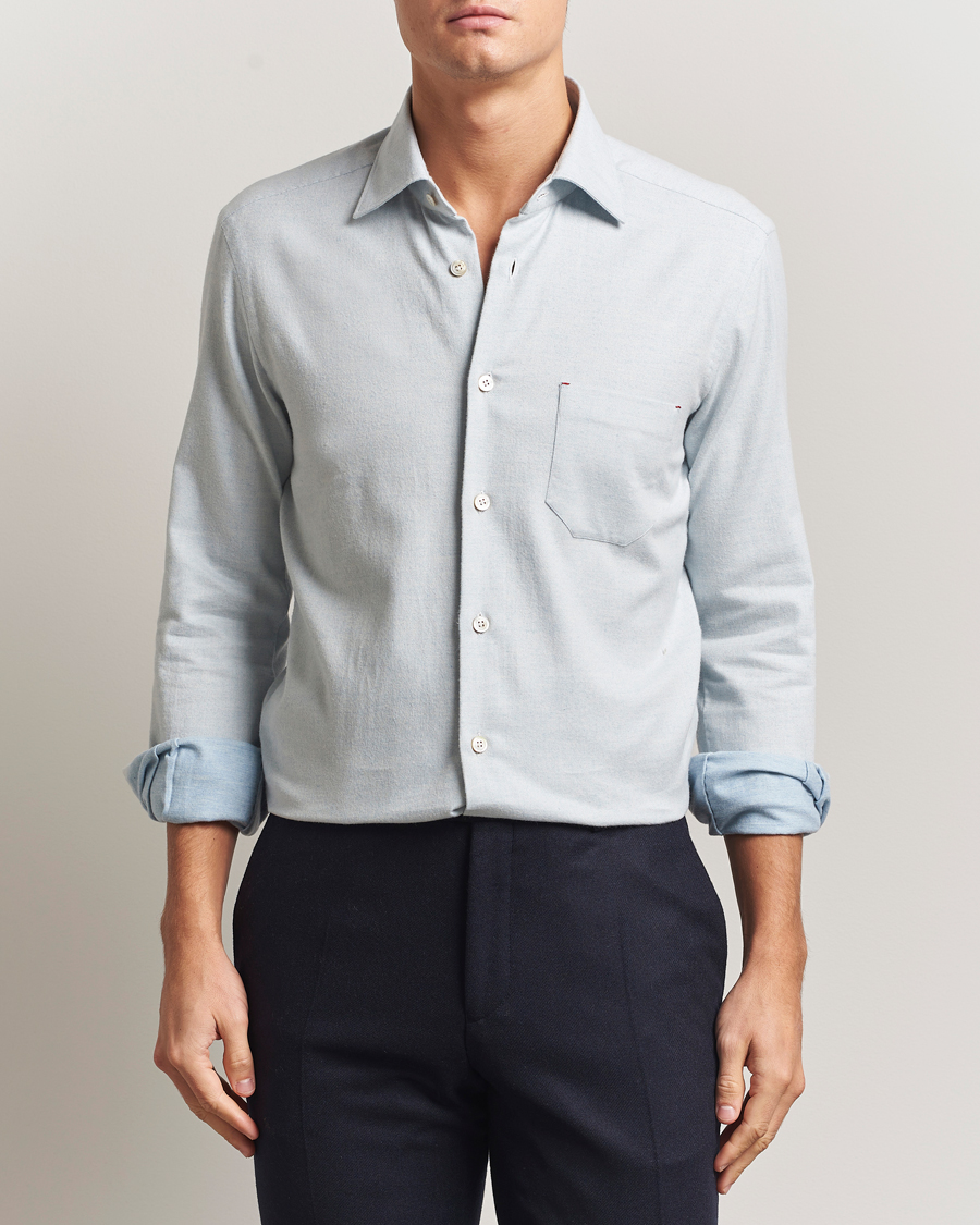 Herre | Skjorter | Kiton | Cotton Flannel Sport Shirt Light Blue