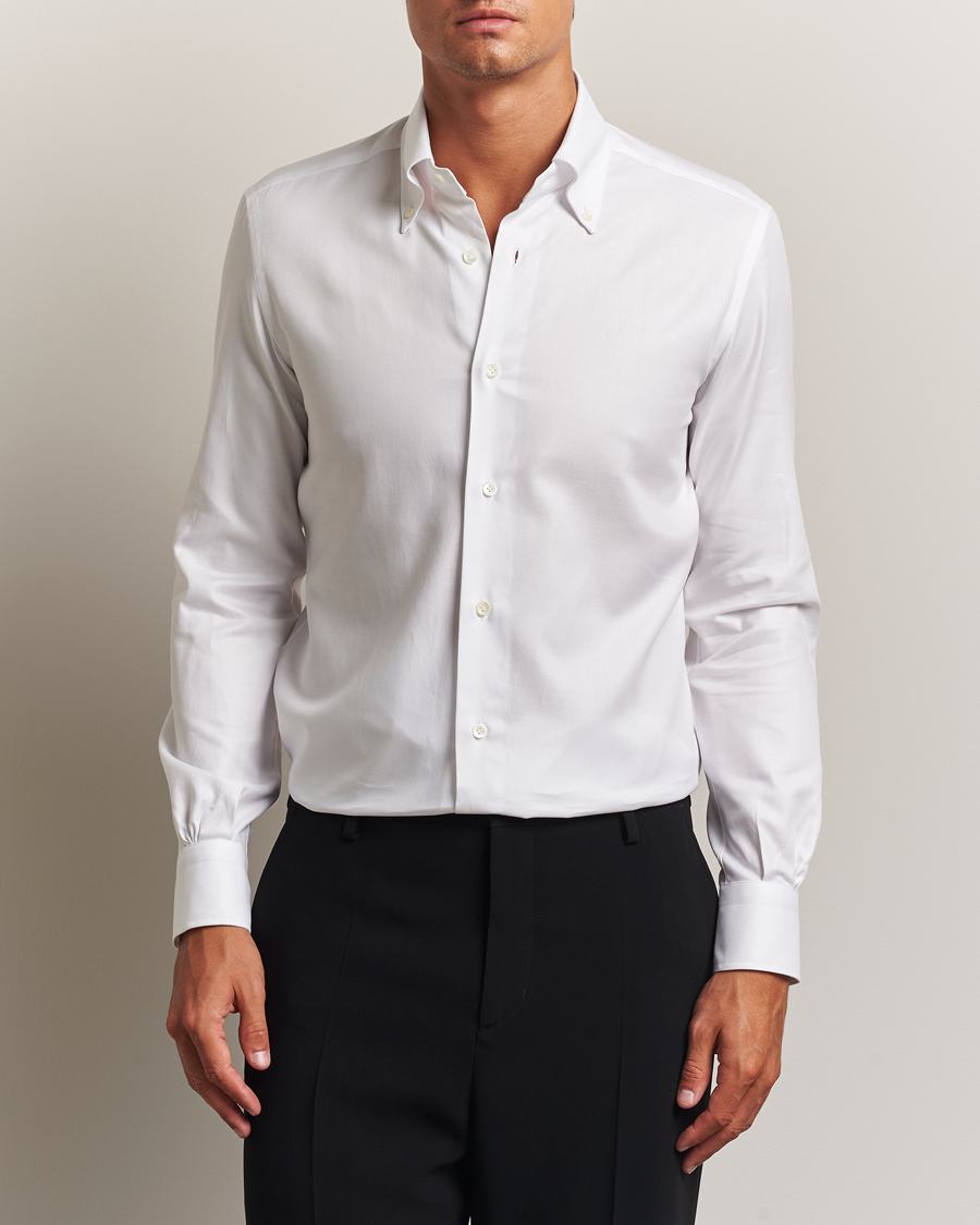 Herre | Skjorter | Mazzarelli | Soft Cotton Twill Button Down Shirt White