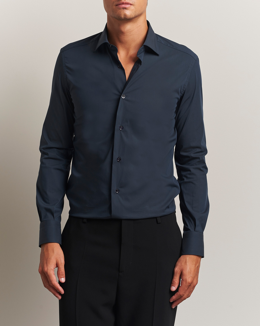 Herre | Skjorter | Mazzarelli | Soft Cotton/Stretch Cut Away Shirt Navy