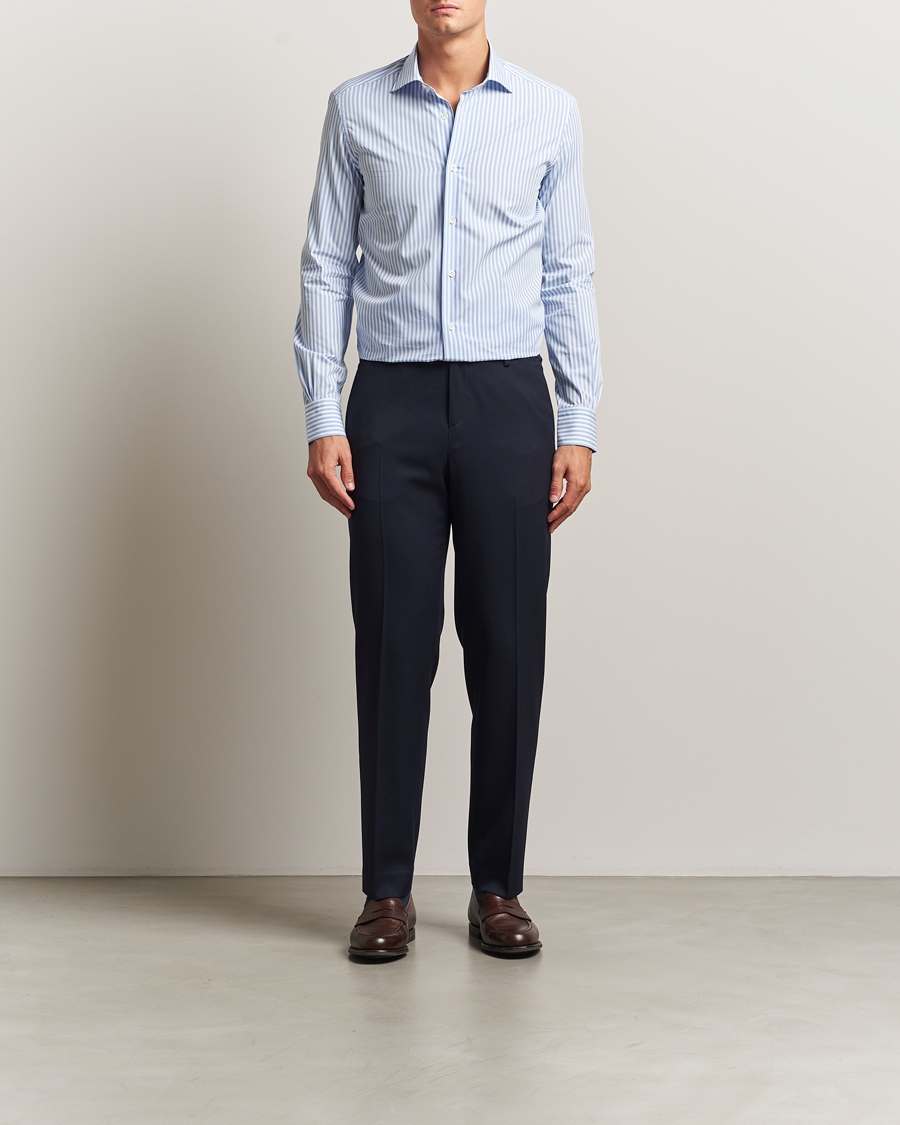 Herre | Skjorter | Mazzarelli | Soft Cotton/Stretch Cut Away Shirt Light Blue Stripe
