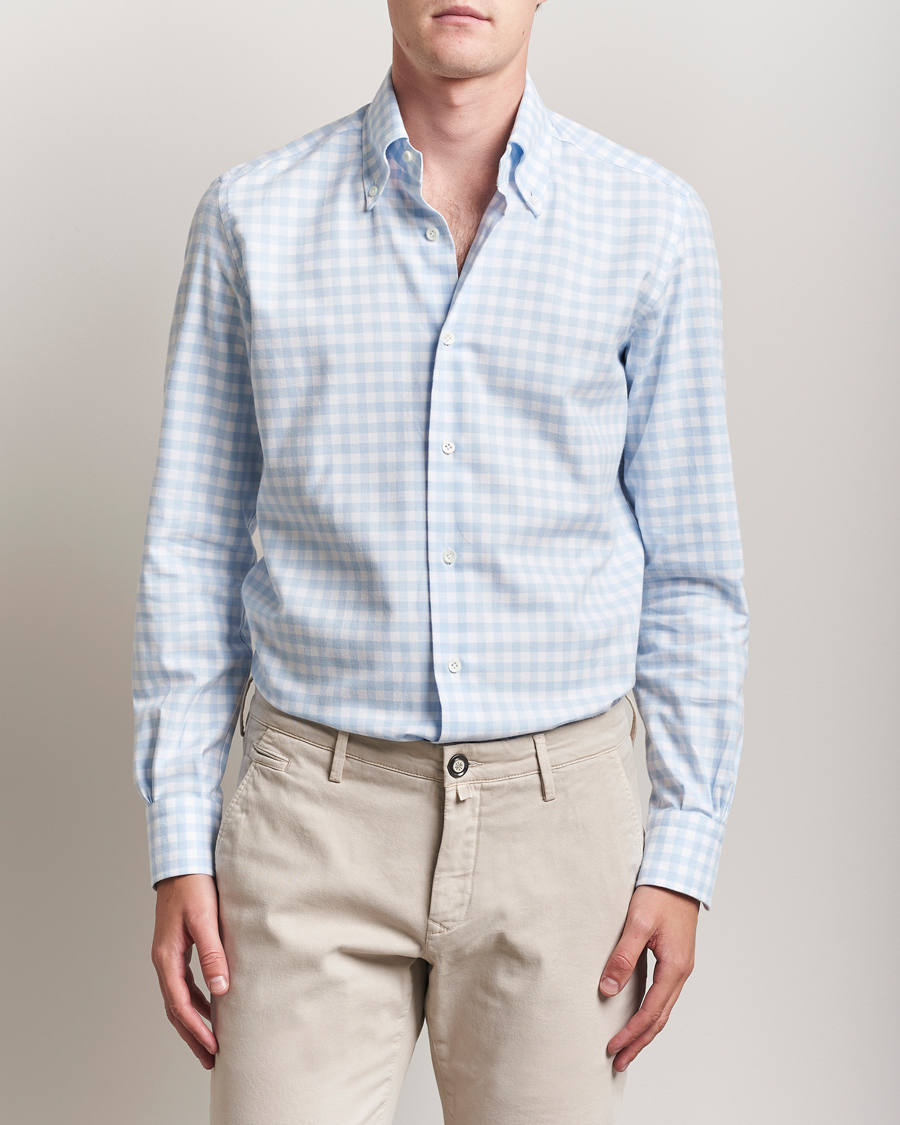 Herre | Skjorter | Mazzarelli | Soft Flannel Button Down Shirt Light Blue Check