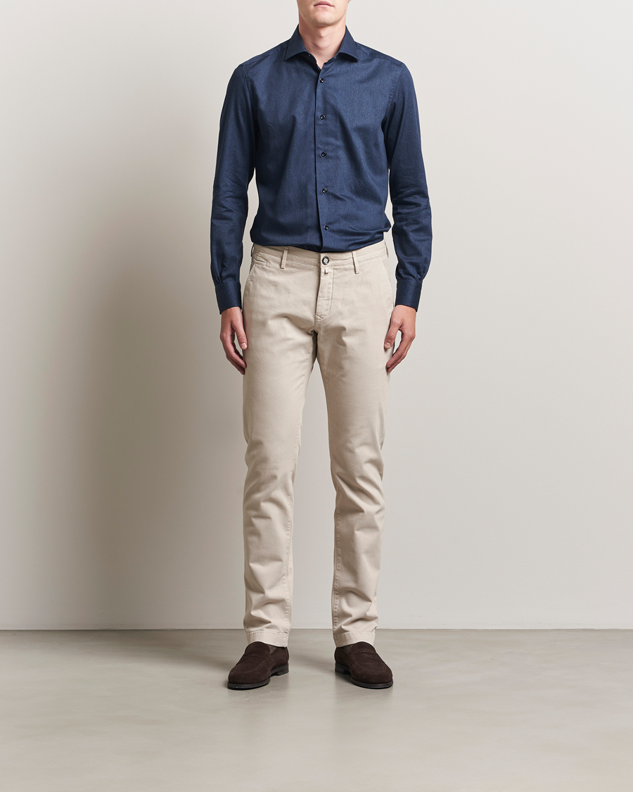 Herre | Skjorter | Mazzarelli | Soft Flannel Cut Away Shirt Navy