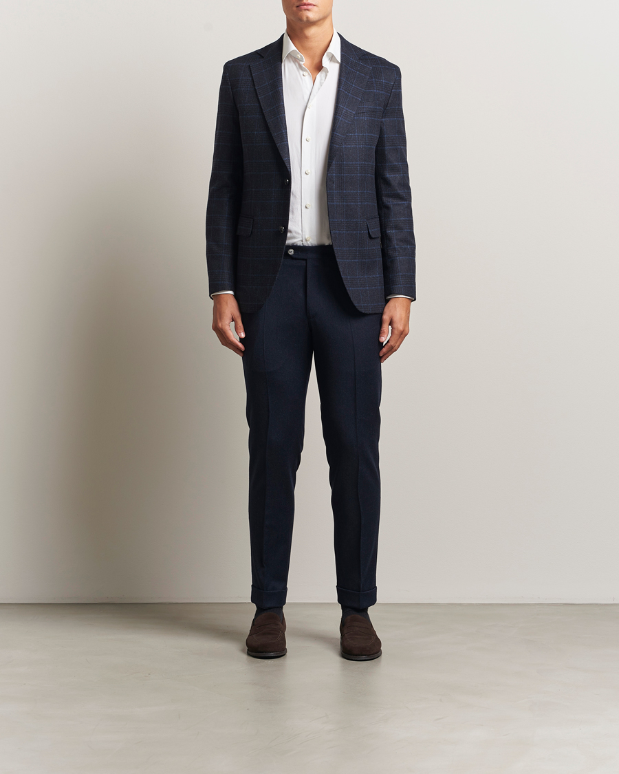Herre | Bukser | Oscar Jacobson | Dandy Turn Up Flannel Trousers Navy