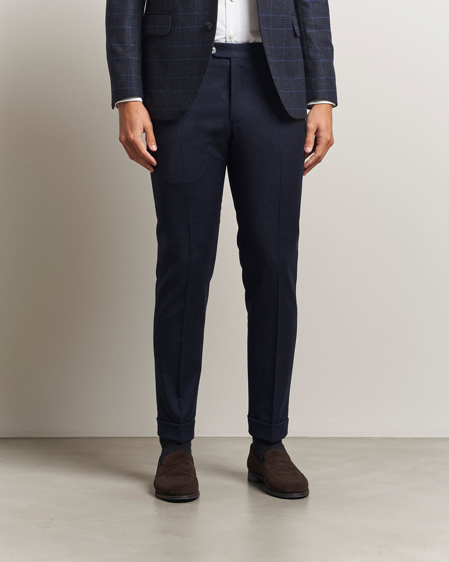 Herre | Bukser | Oscar Jacobson | Dandy Turn Up Flannel Trousers Navy