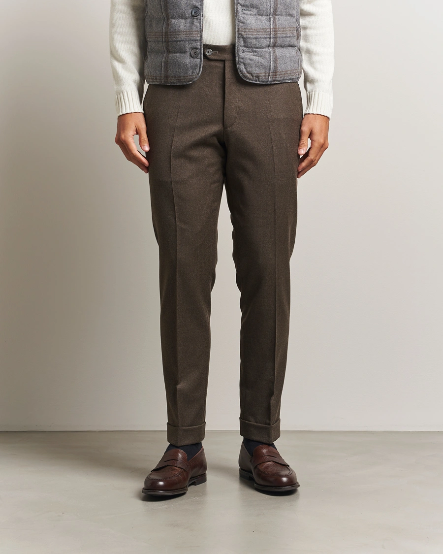 Herre | Bukser | Oscar Jacobson | Dandy Turn Up Flannel Trousers Brown