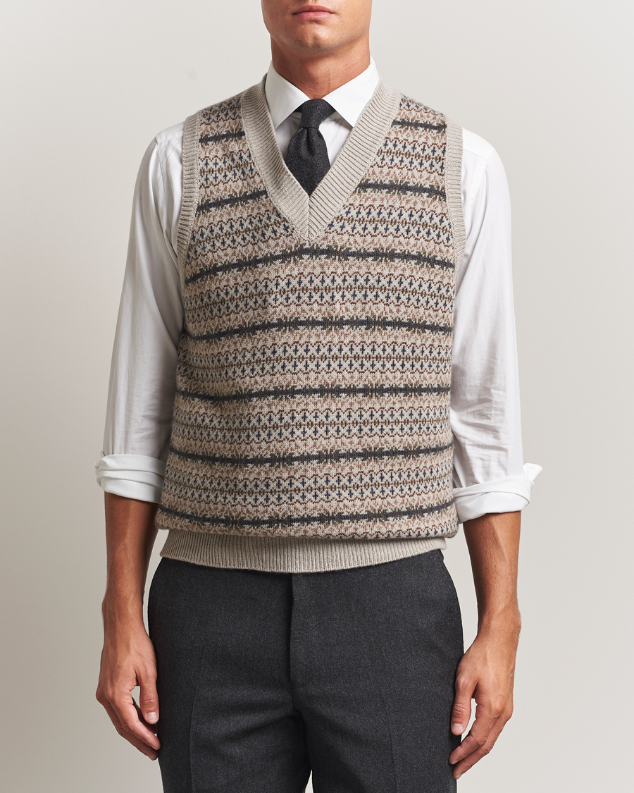 Herre | Trøjer | Oscar Jacobson | Lucas Fair Isle Wool/Cashmere Vest Beige