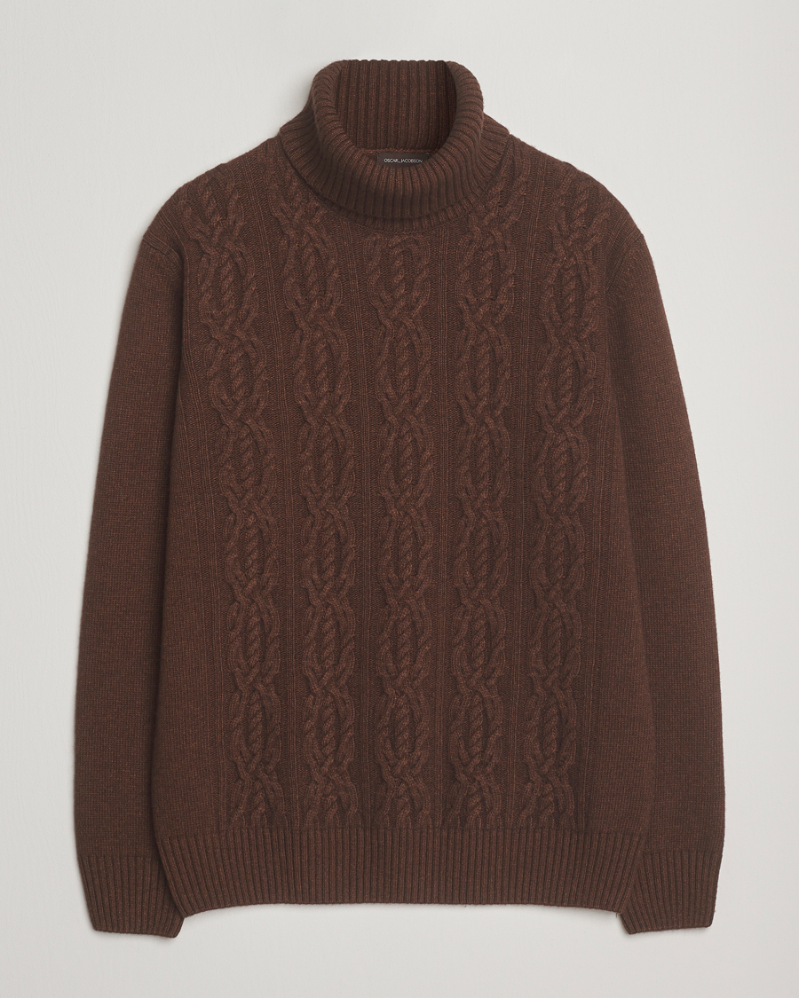 Herre | Trøjer | Oscar Jacobson | Heavy Knitted Wool/Cashmere Cable Polo Golden Brown