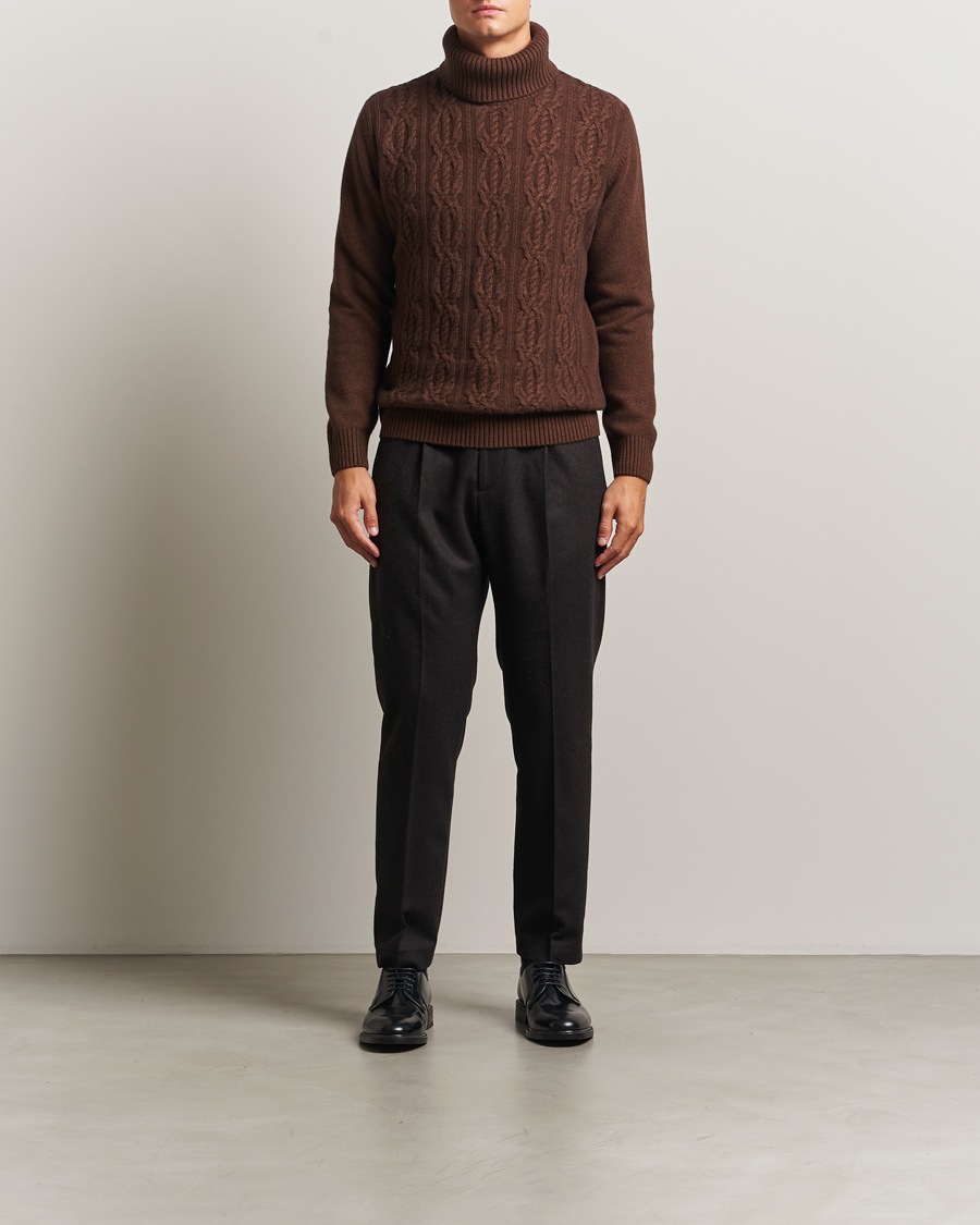Herre | Trøjer | Oscar Jacobson | Heavy Knitted Wool/Cashmere Cable Polo Golden Brown