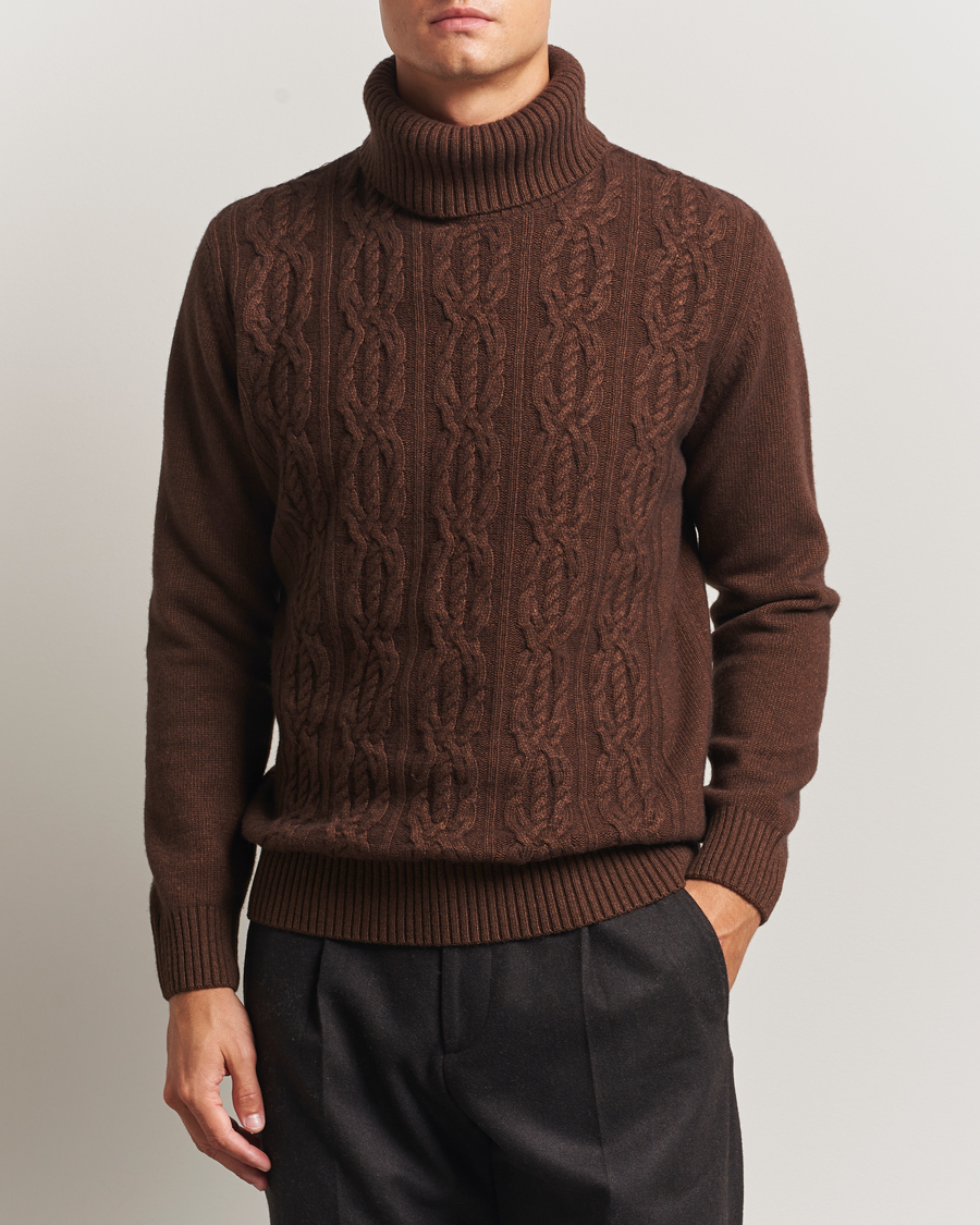 Herre | Trøjer | Oscar Jacobson | Heavy Knitted Wool/Cashmere Cable Polo Golden Brown