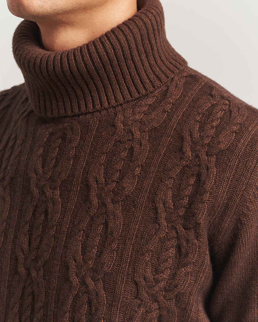Herre | Trøjer | Oscar Jacobson | Heavy Knitted Wool/Cashmere Cable Polo Golden Brown