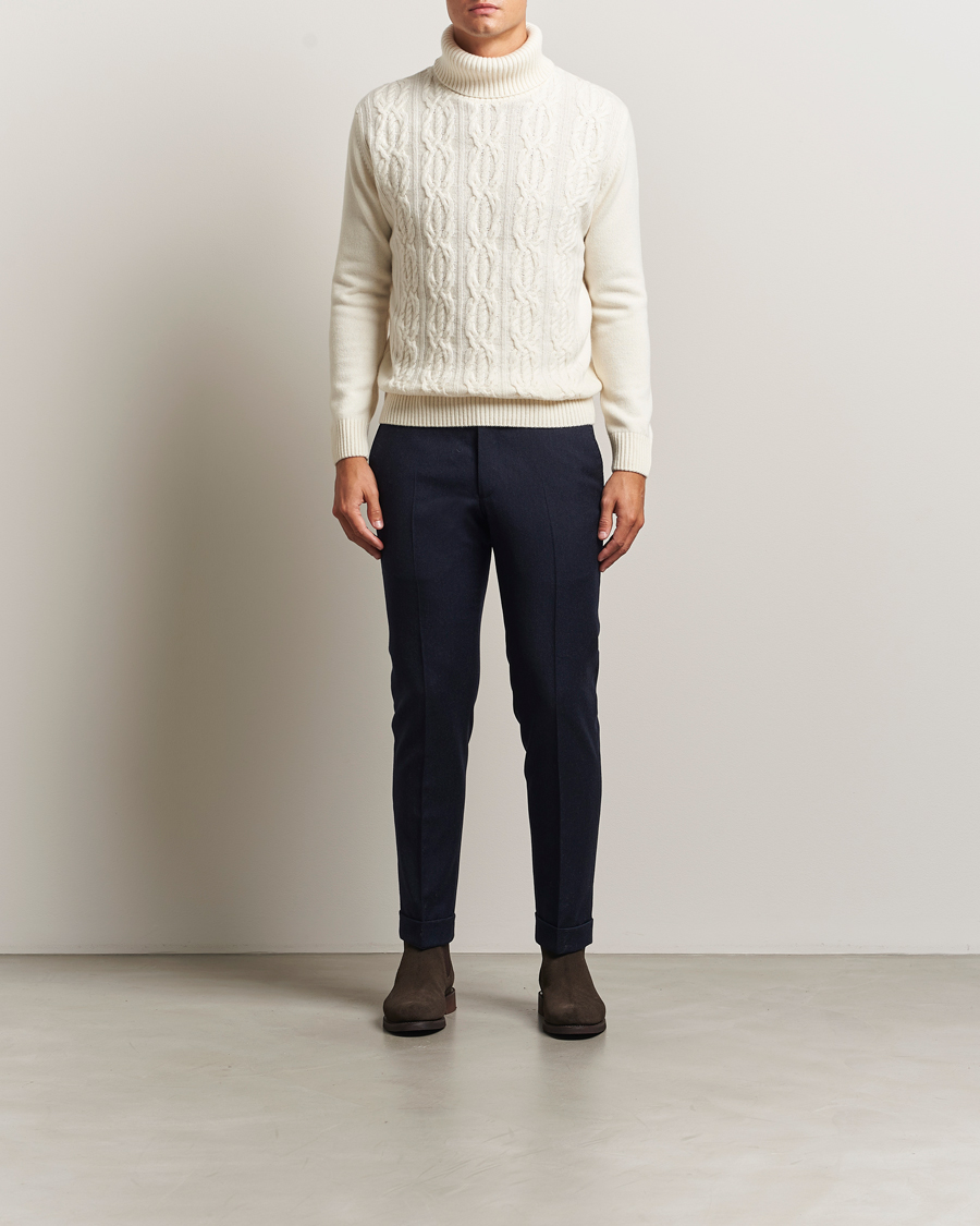 Herre | Trøjer | Oscar Jacobson | Heavy Knitted Wool/Cashmere Cable Polo White
