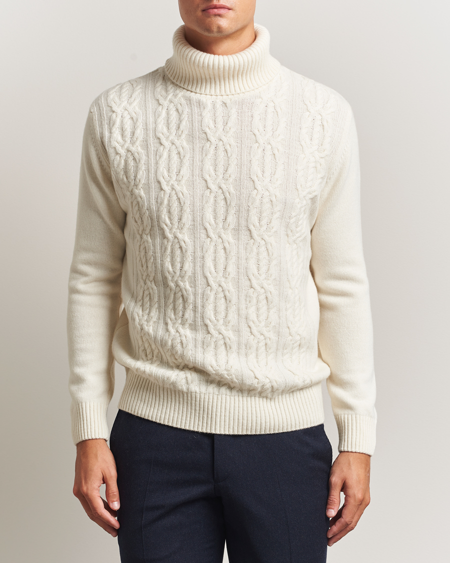 Herre | Trøjer | Oscar Jacobson | Heavy Knitted Wool/Cashmere Cable Polo White
