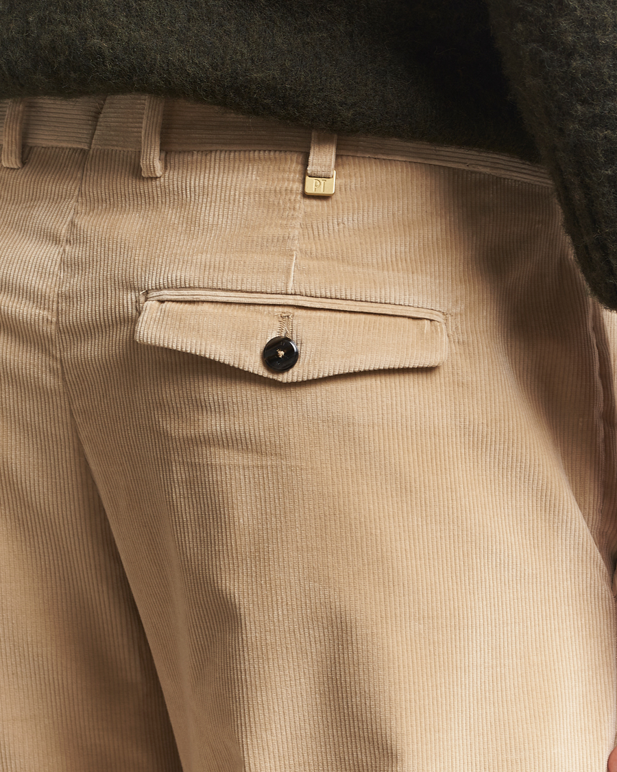 Herre | Bukser | PT01 | Slim Fit Pleated Corduroy Trousers Light Beige