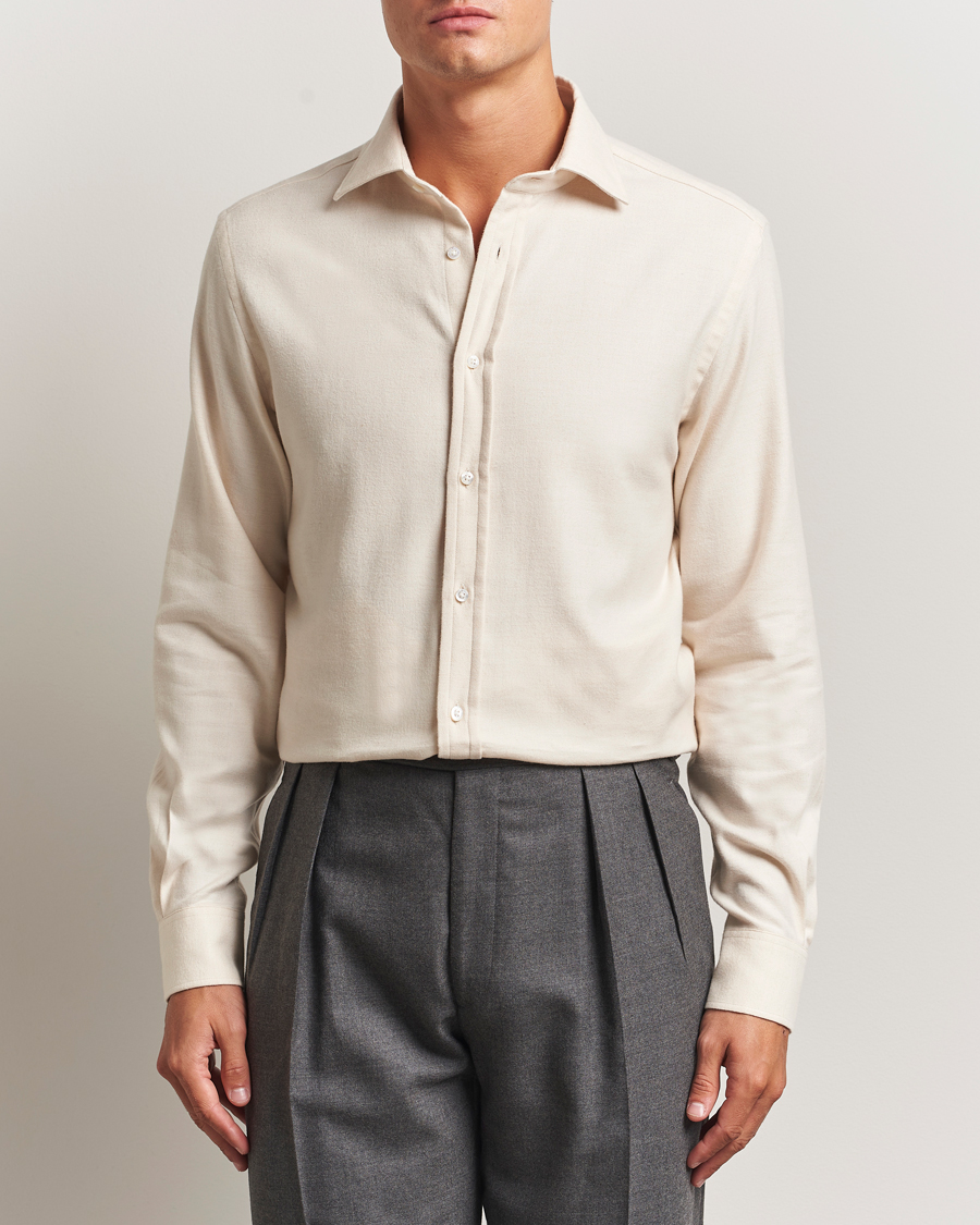 Herre | Skjorter | Ralph Lauren Purple Label | Cotton Flannel Shirt Cream Melange