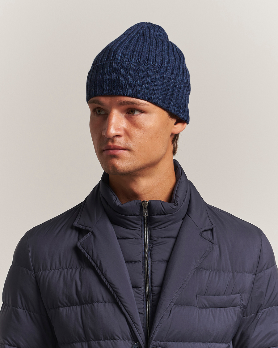 Herre | Huer | Piacenza Cashmere | Ribbed Cashmere Beanie Dark Blue
