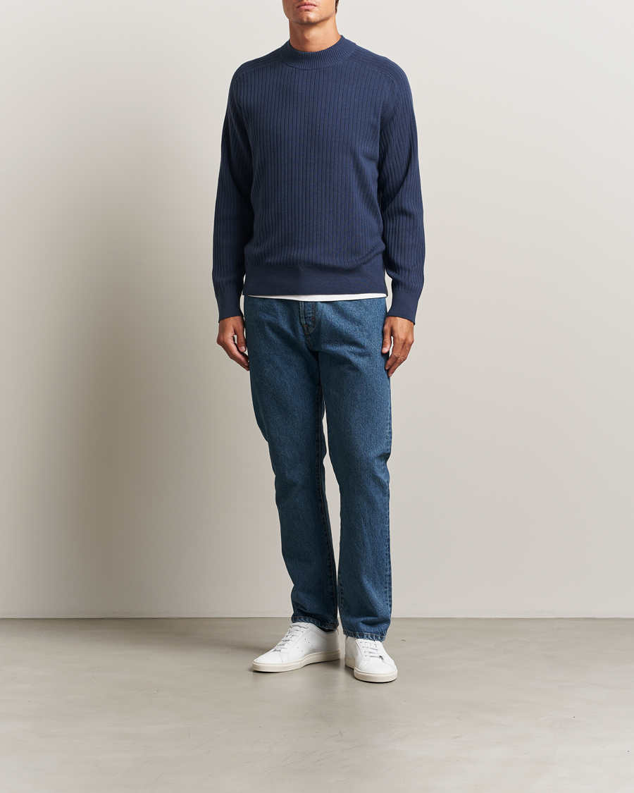 Herre | Trøjer | Filippa K | Cotton Merino Knitted Mock Neck Sweater Dusk Blue