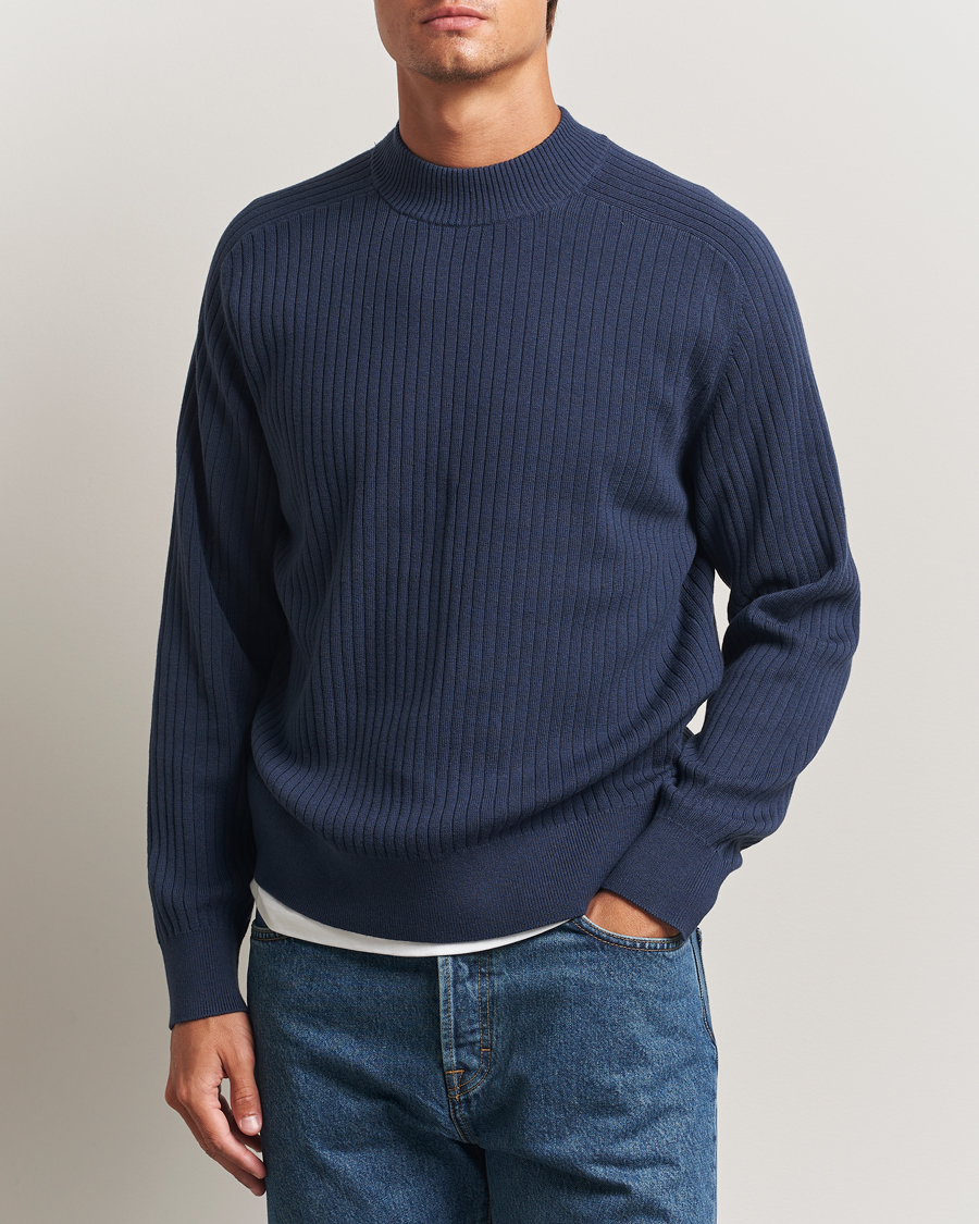 Herre | Trøjer | Filippa K | Cotton Merino Knitted Mock Neck Sweater Dusk Blue