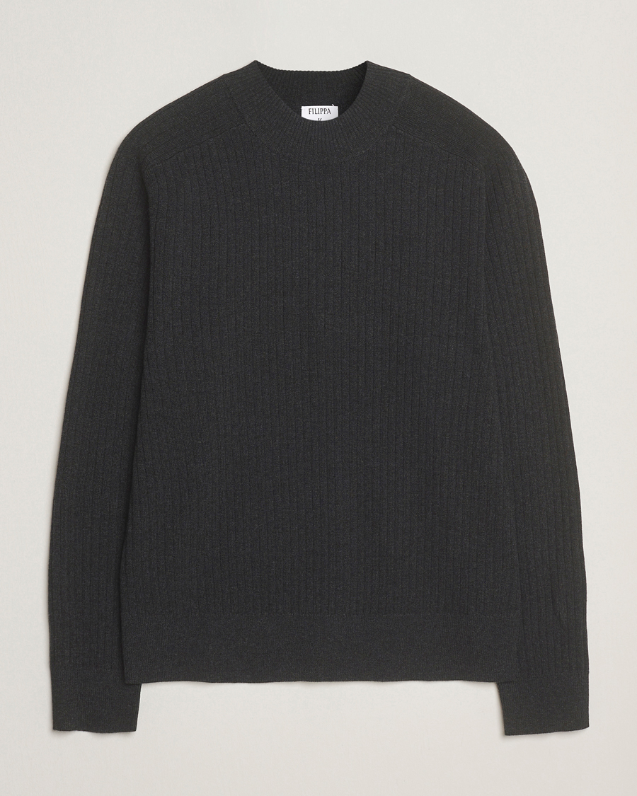 Herre | Trøjer | Filippa K | Cotton Merino Knitted Mock Neck Sweater Anthracite Melange