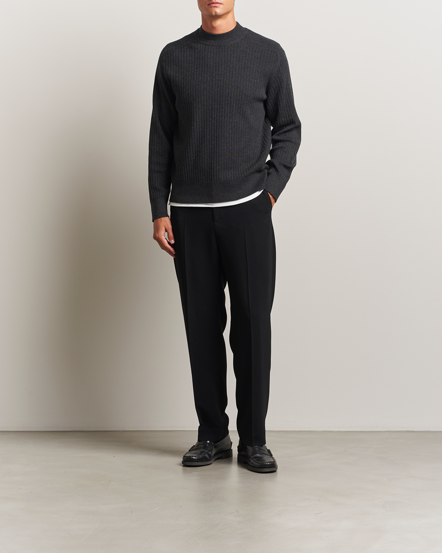 Herre | Trøjer | Filippa K | Cotton Merino Knitted Mock Neck Sweater Anthracite Melange