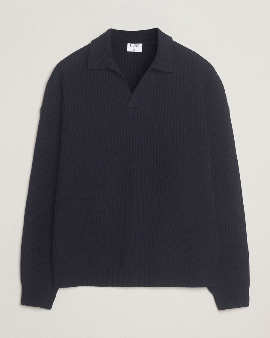 Herre | Trøjer | Filippa K | Ribbed Wool Polo Shirt Navy
