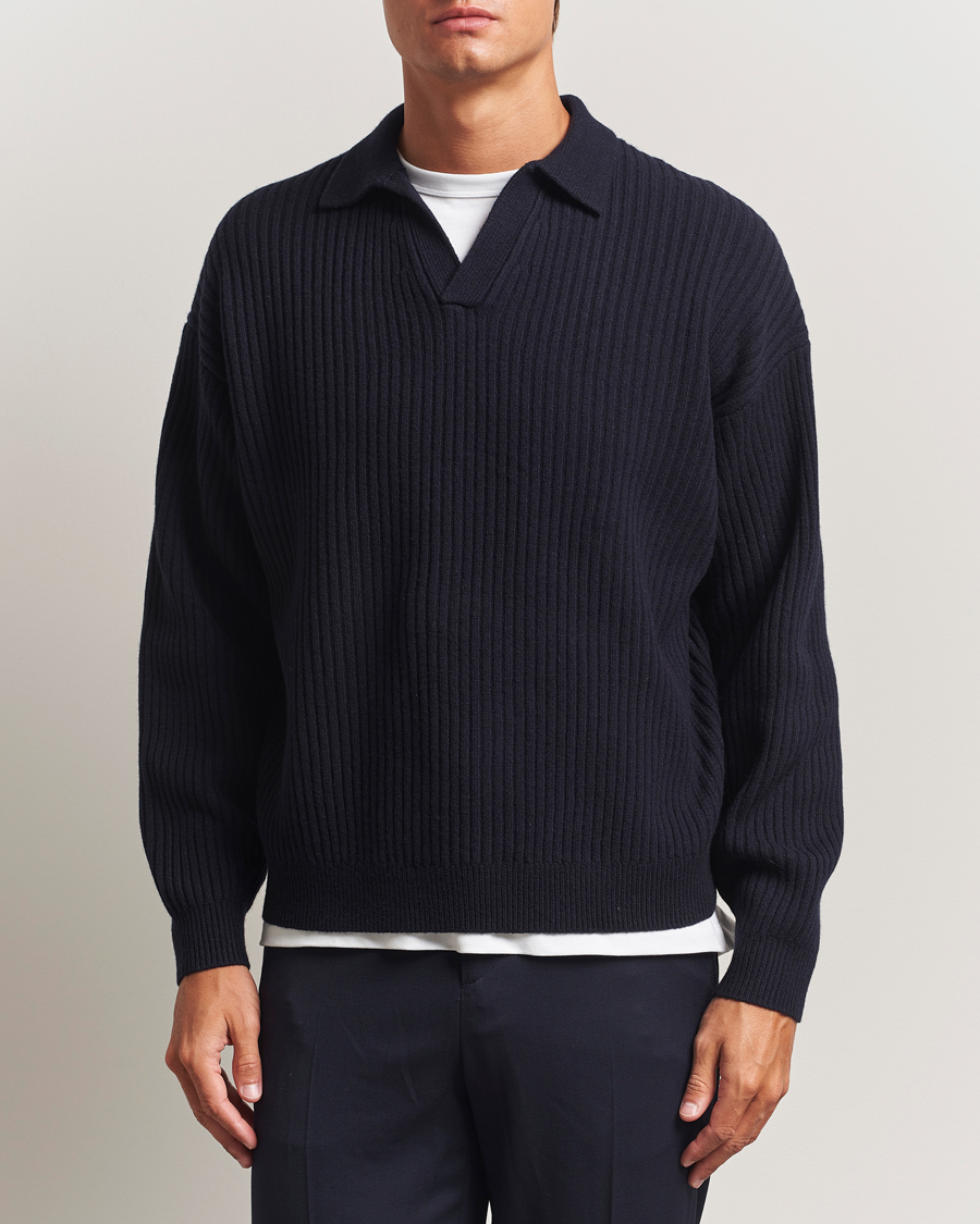 Herre | Trøjer | Filippa K | Ribbed Wool Polo Shirt Navy