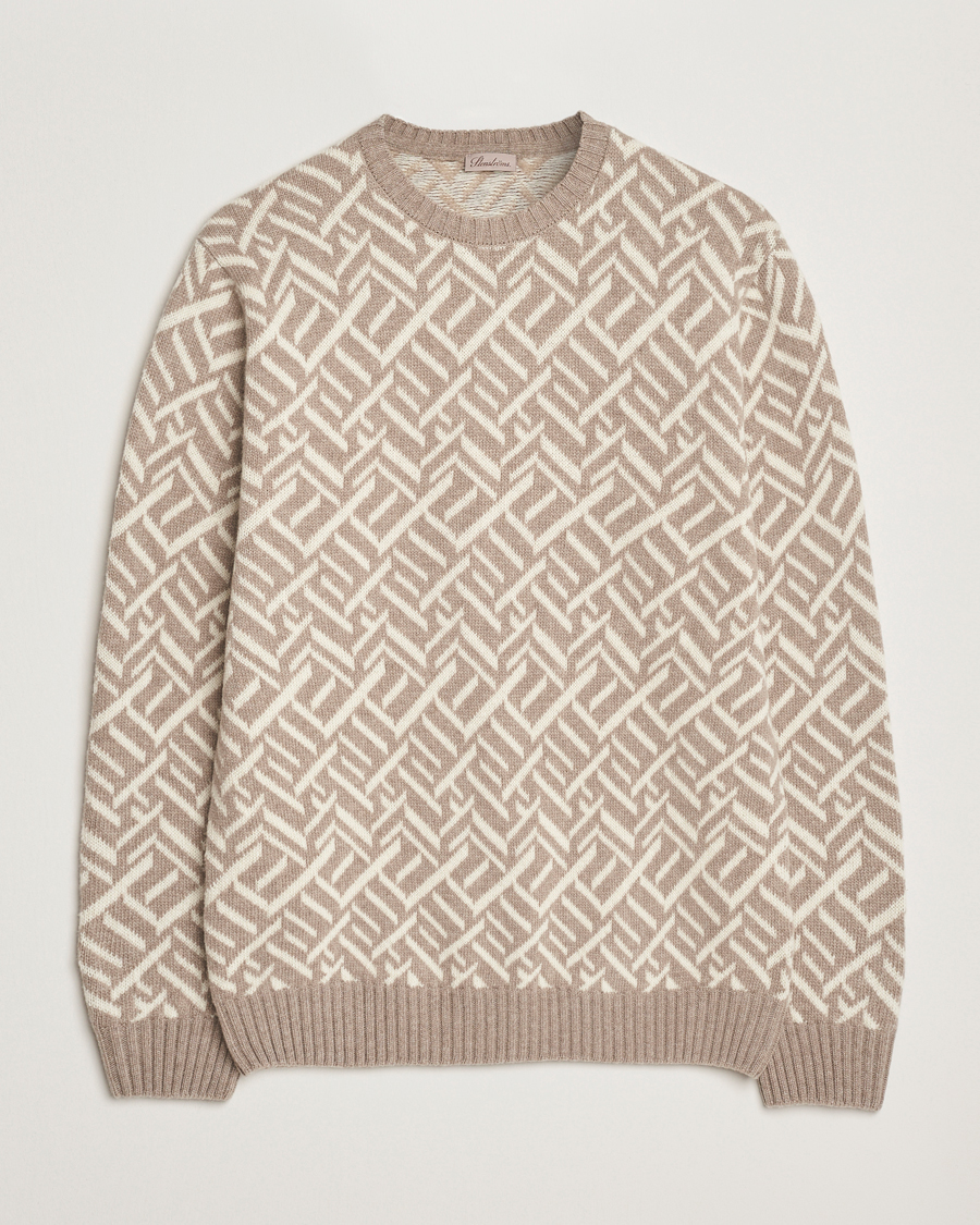 Herre | Trøjer | Stenströms | Brushed Merino Vintage Pattern Crew Neck White/Brown
