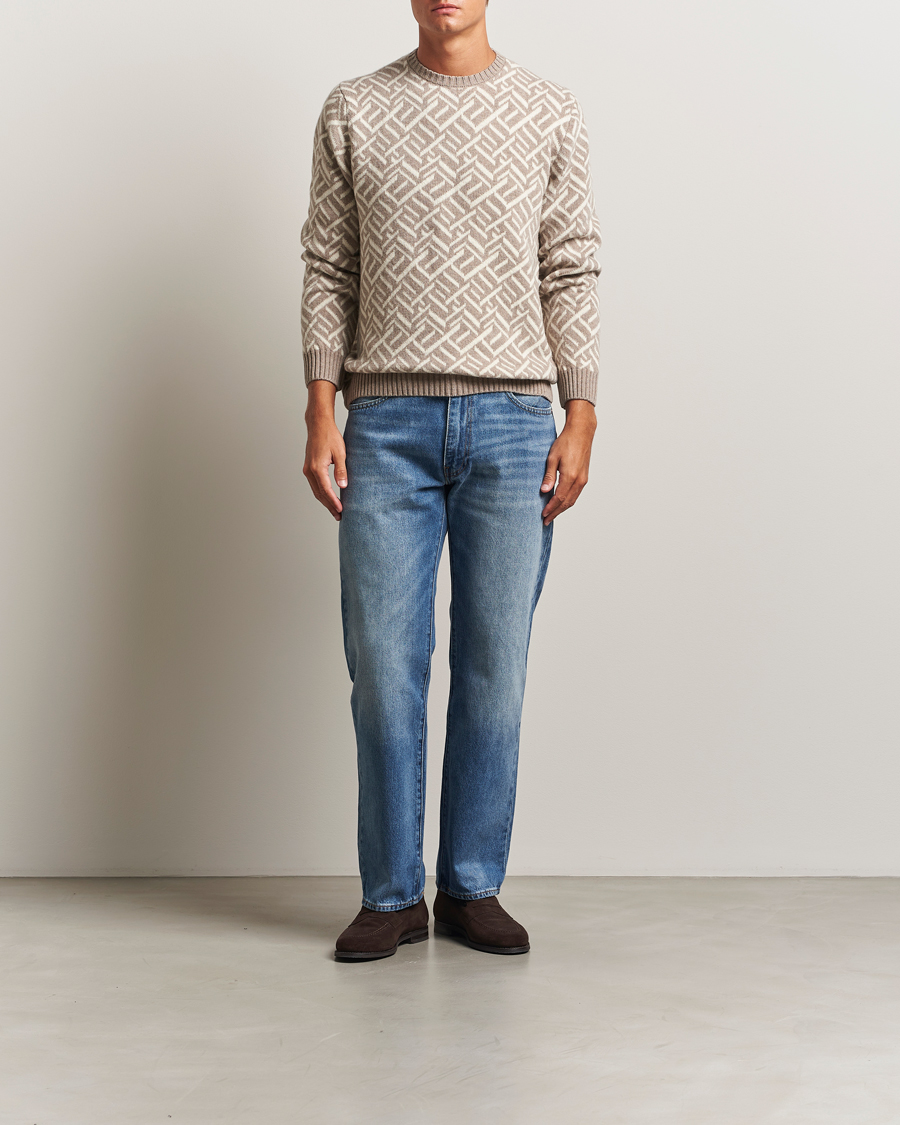 Herre | Trøjer | Stenströms | Brushed Merino Vintage Pattern Crew Neck White/Brown