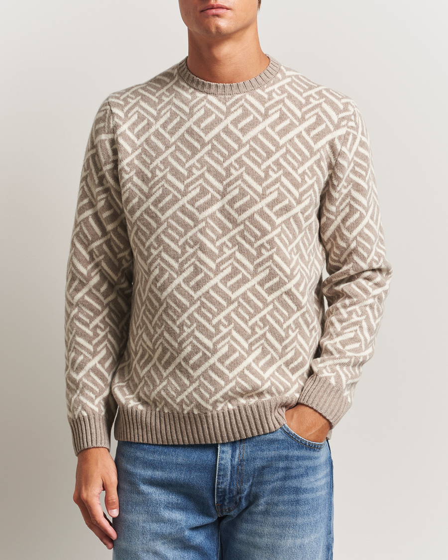 Herre | Trøjer | Stenströms | Brushed Merino Vintage Pattern Crew Neck White/Brown