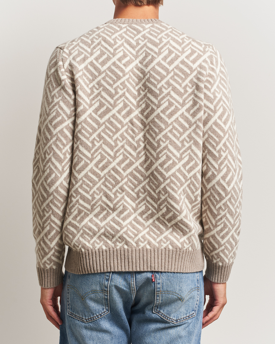 Herre | Trøjer | Stenströms | Brushed Merino Vintage Pattern Crew Neck White/Brown