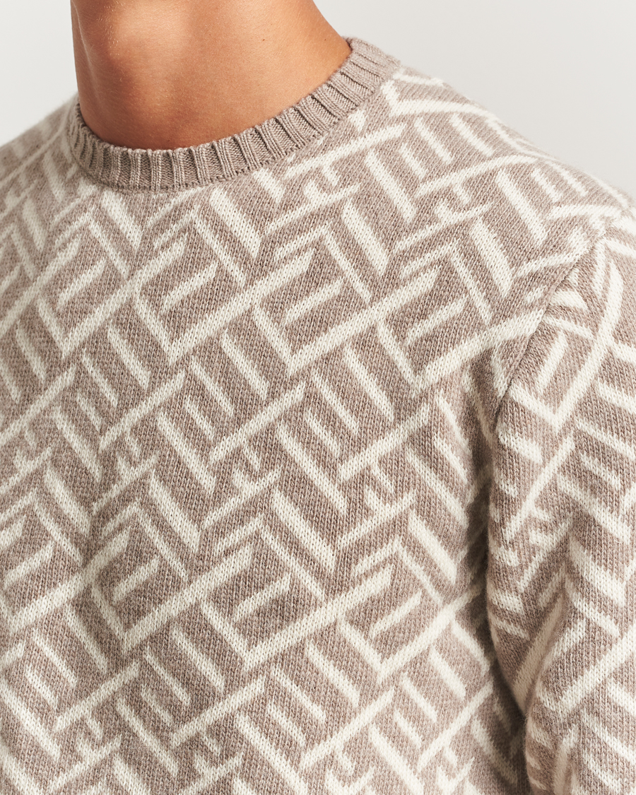 Herre | Trøjer | Stenströms | Brushed Merino Vintage Pattern Crew Neck White/Brown
